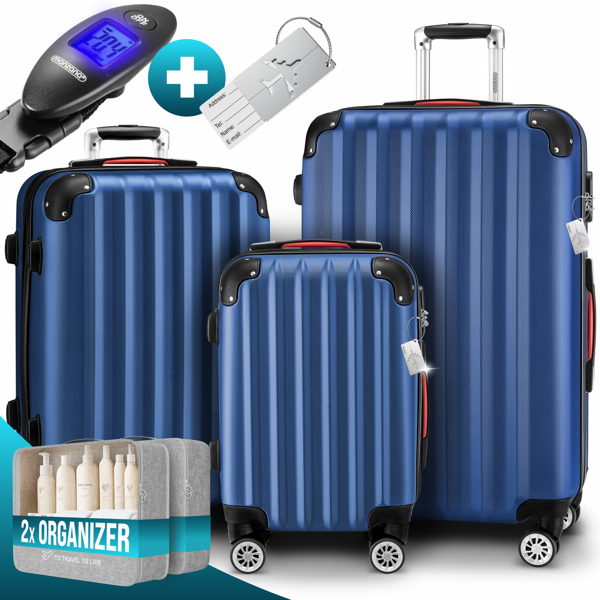 Hartschalenkoffer Set 3-tlg mit Zubehör Rollen 360º Blau ABS