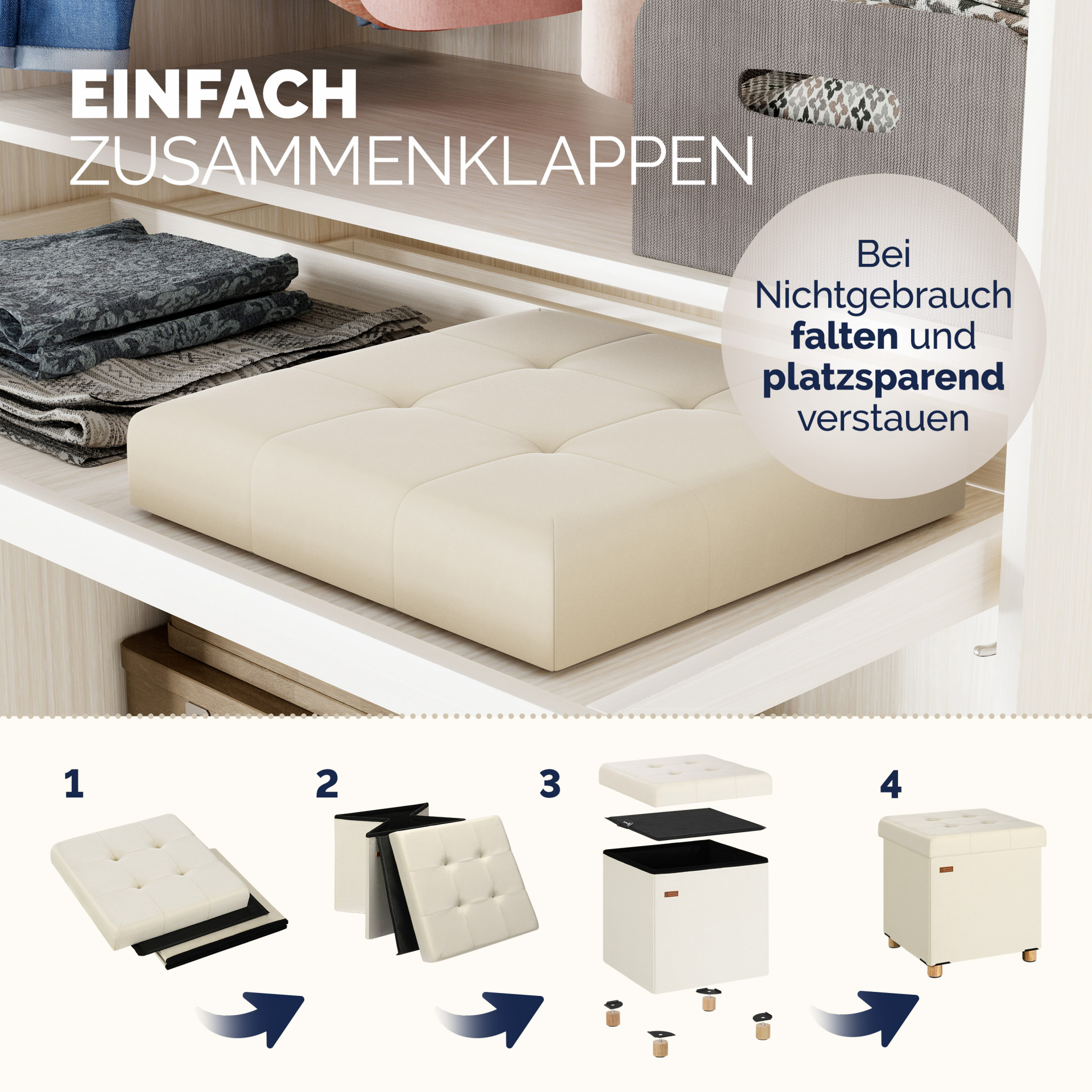 Sitzhocker Beige Samt 42x38x38cm faltbar