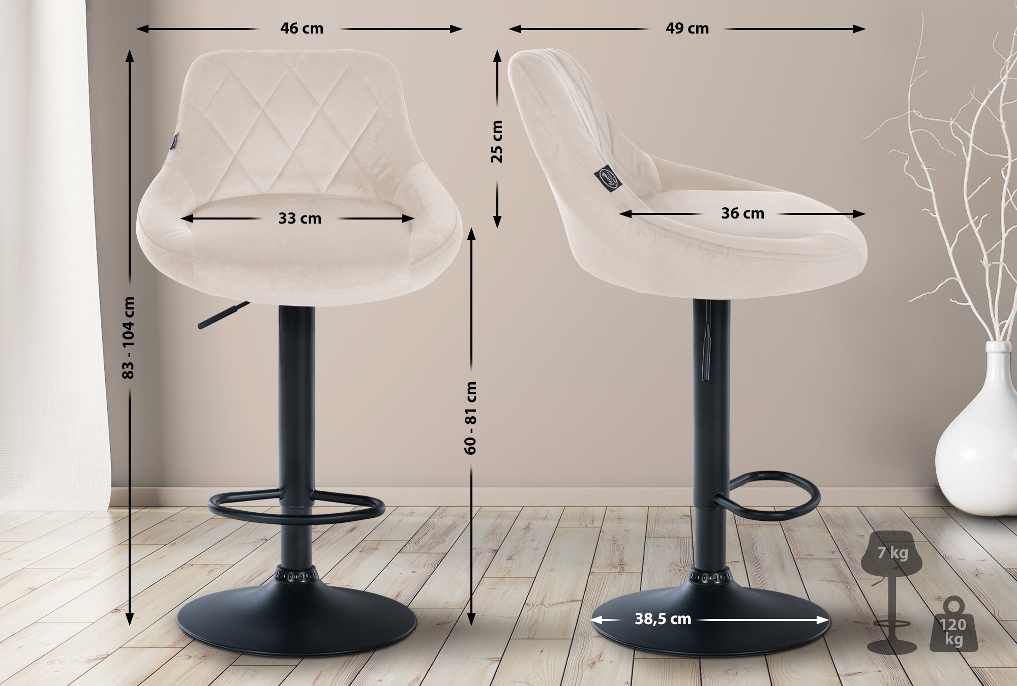 2er Set Barhocker Lazio Samt schwarz, creme