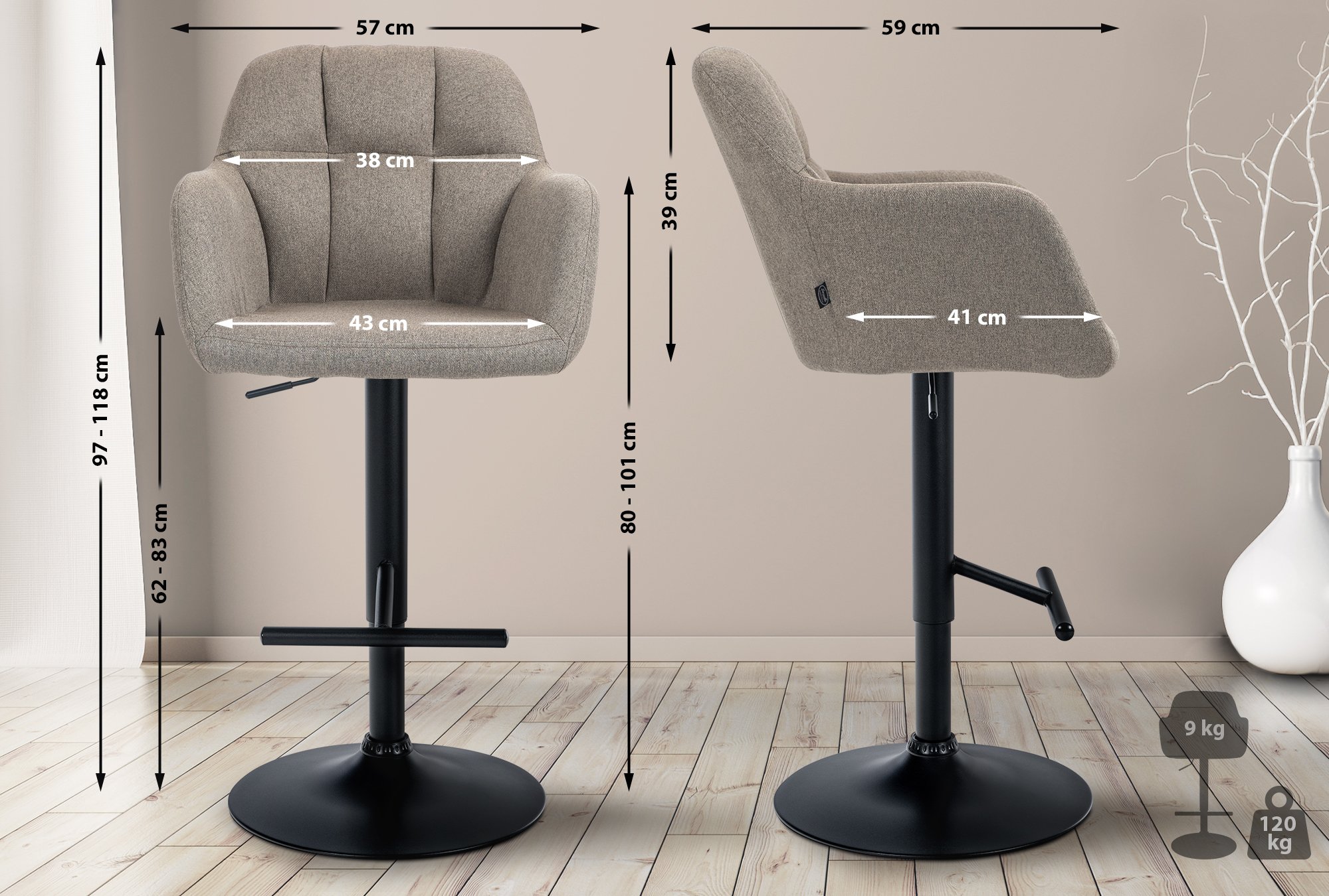 Barhocker Natoma Stoff schwarz, taupe