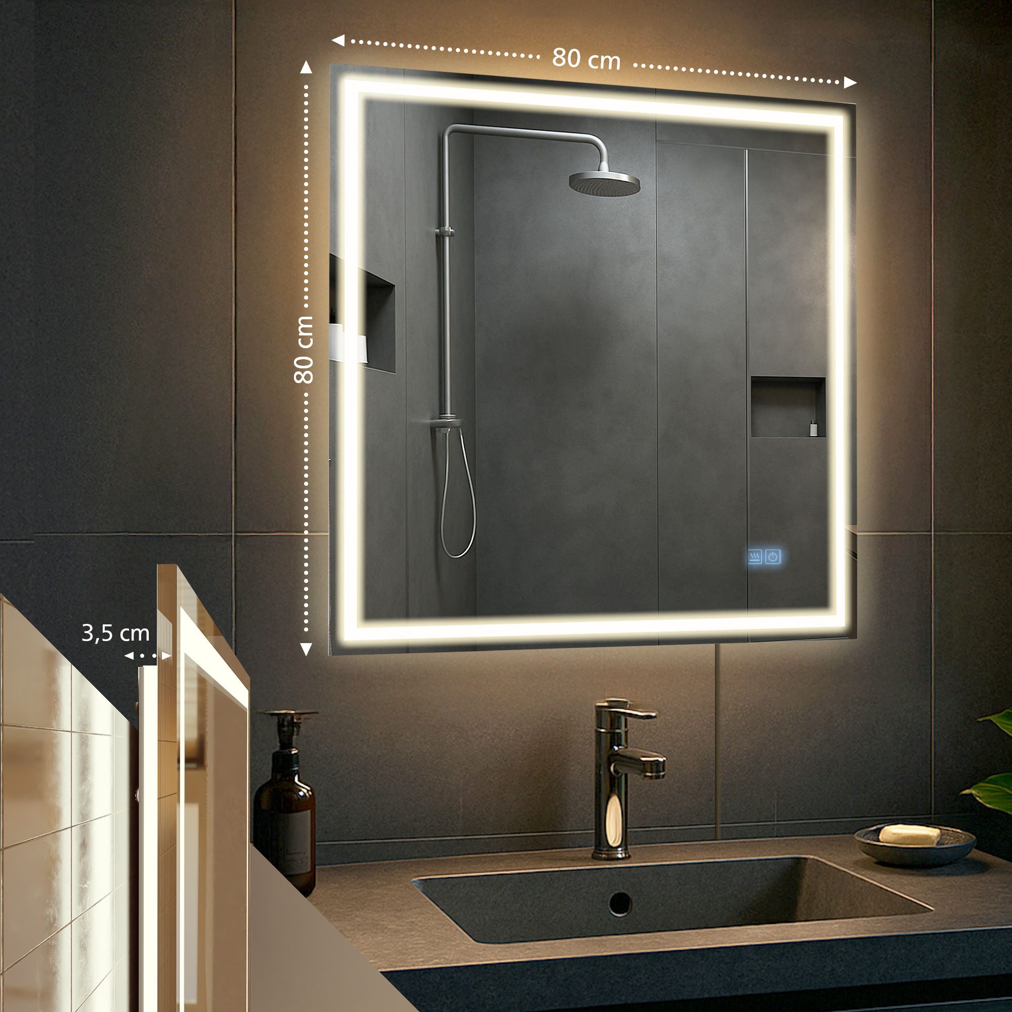 Badspiegel Jaffrey 80x80 mit Bluetooth, klarglas
