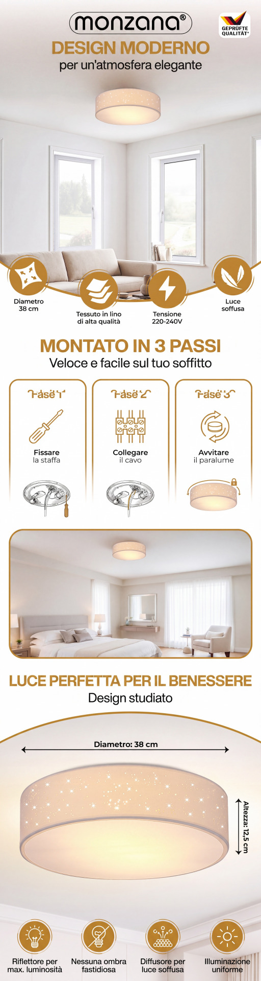 Deckenlampe Weiß Stoff Ø38cm Sternenhimmel