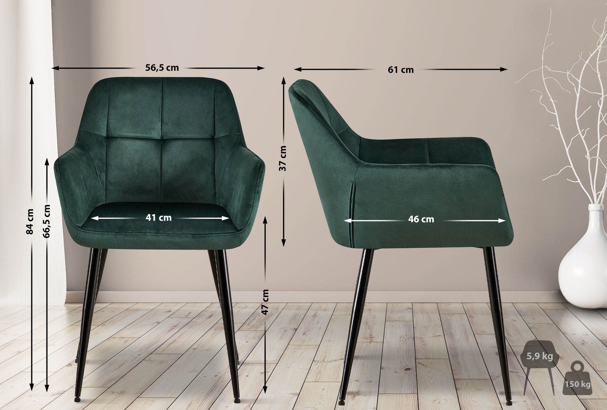 2er Set Esszimmerstuhl Emia Samt, grün