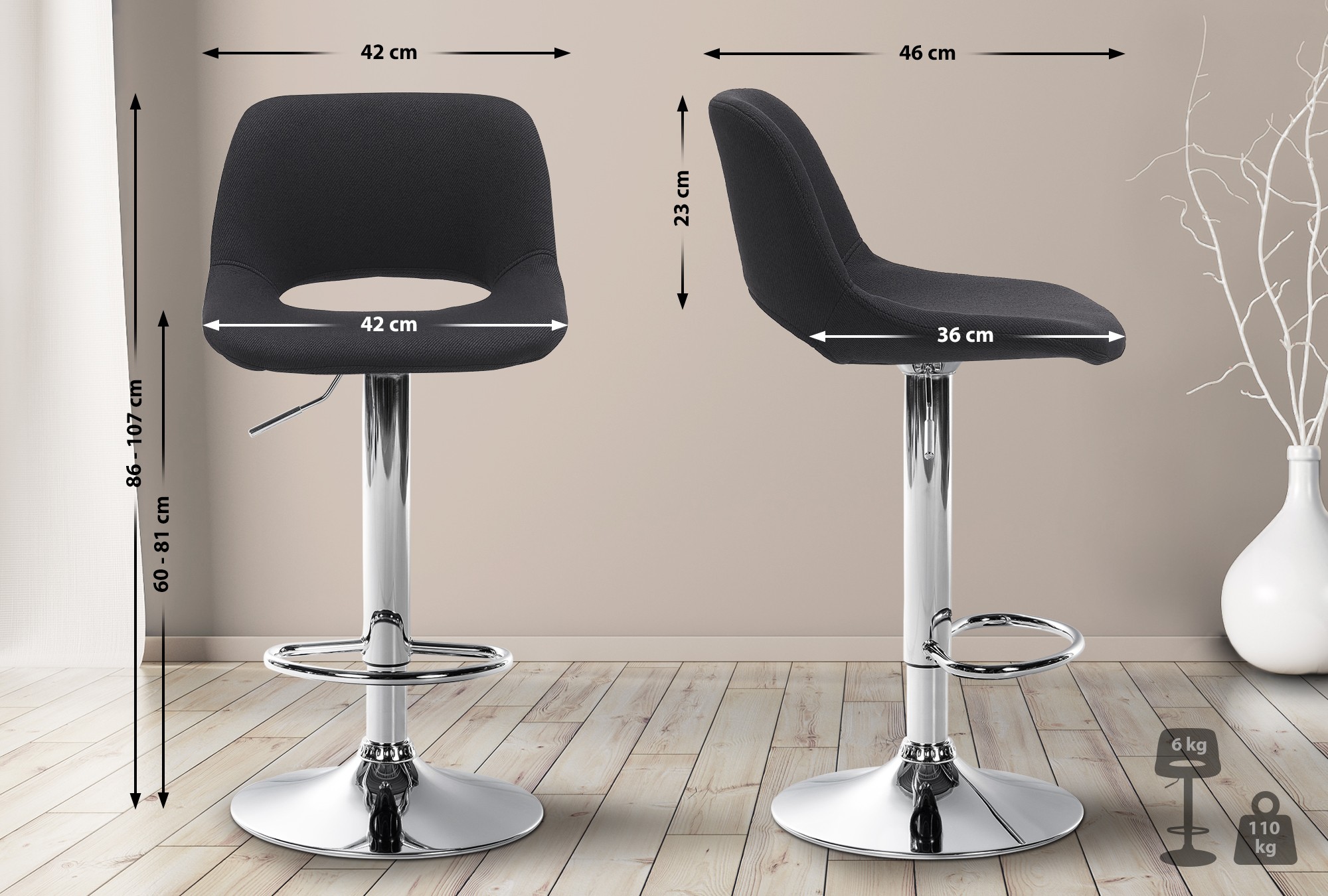 2er Set Barhocker Camden Stoff chrom, schwarz