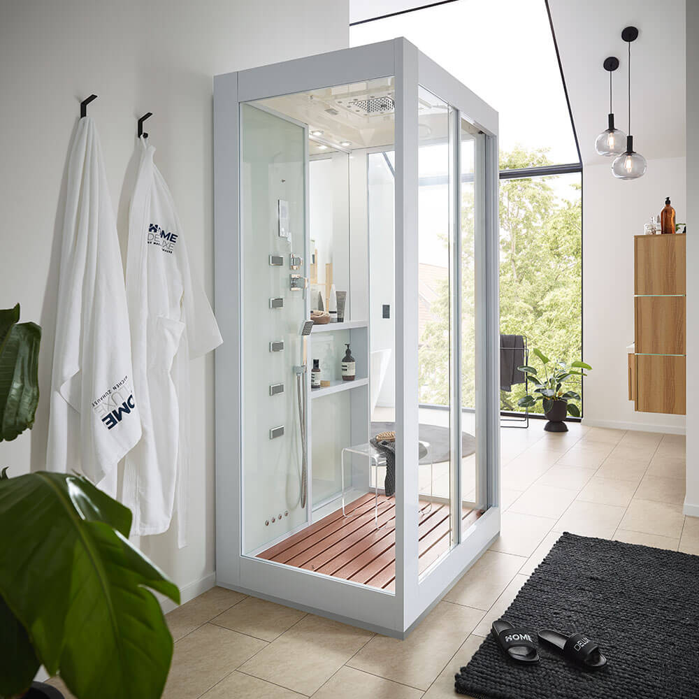 Dampfdusche mit Wasserfall und Dampfsauna LUXORY - 120 x 90 cm Weiß