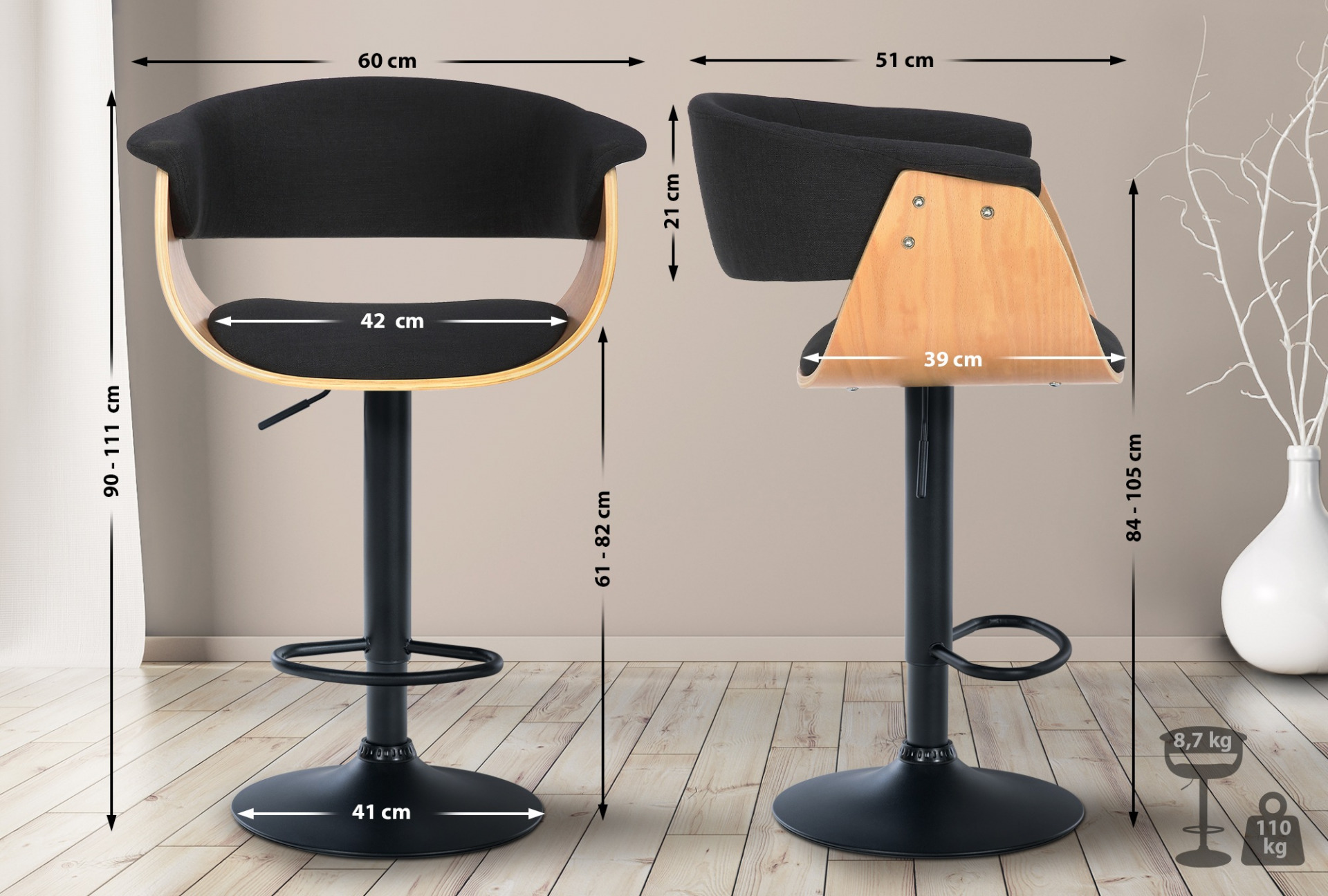 Barhocker Vestal Stoff, natura/schwarz