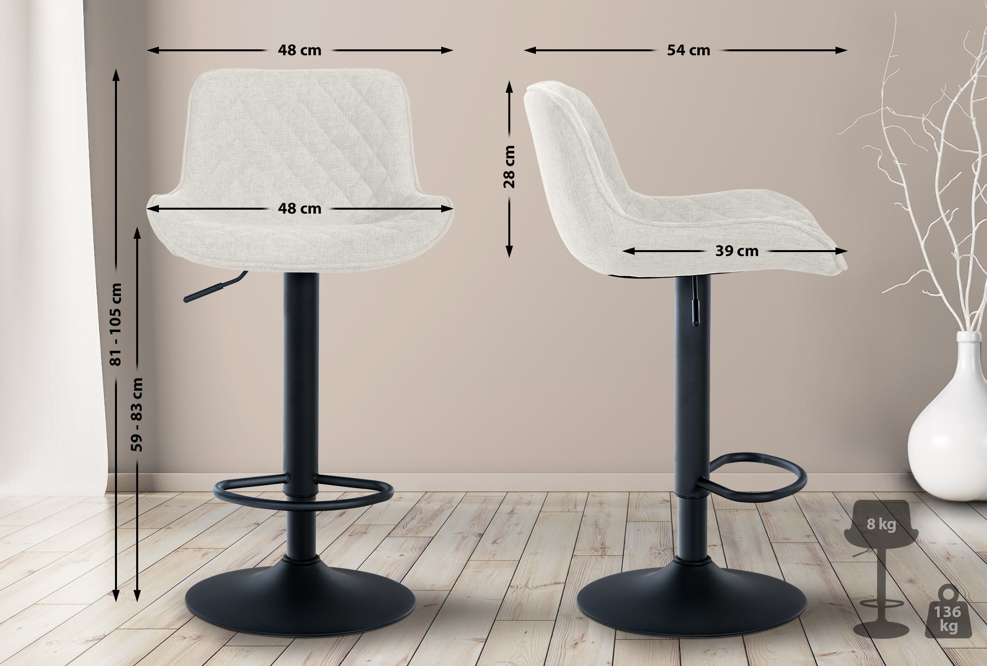 2er Set Barhocker Minosa Stoff, creme