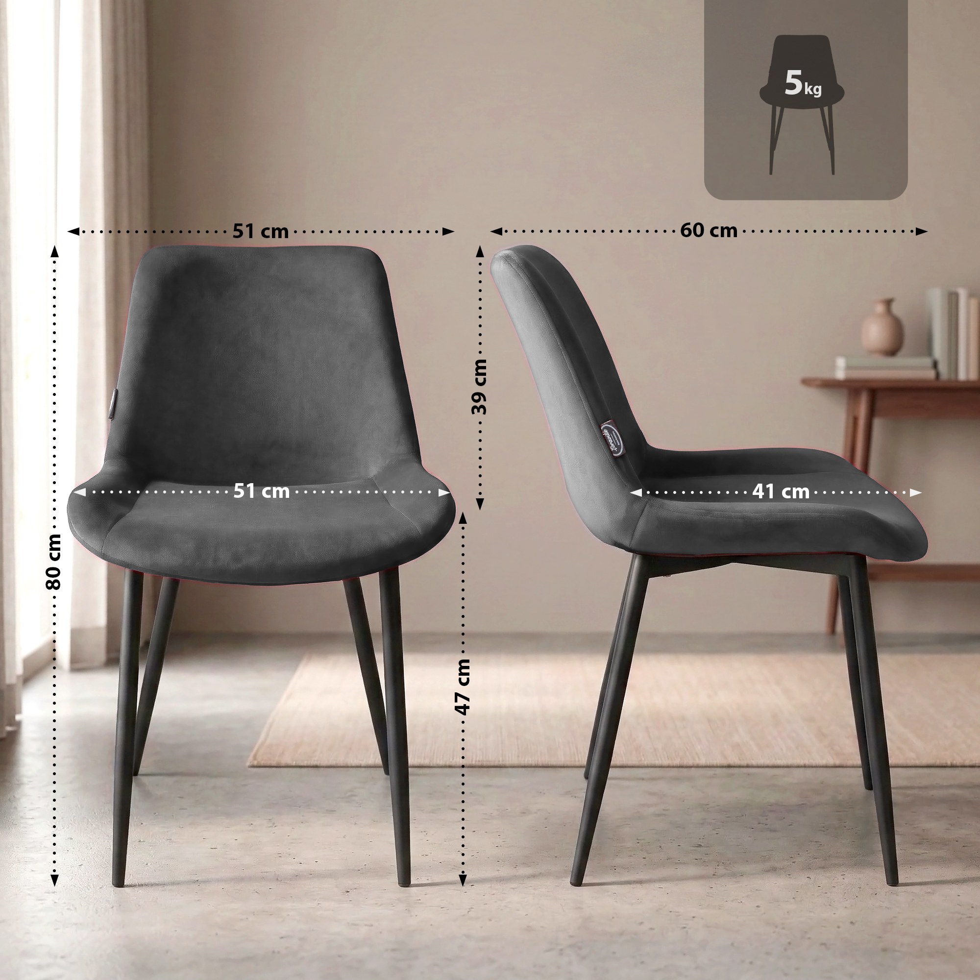 2er Set Esszimmerstühle Victoria Samt, grau