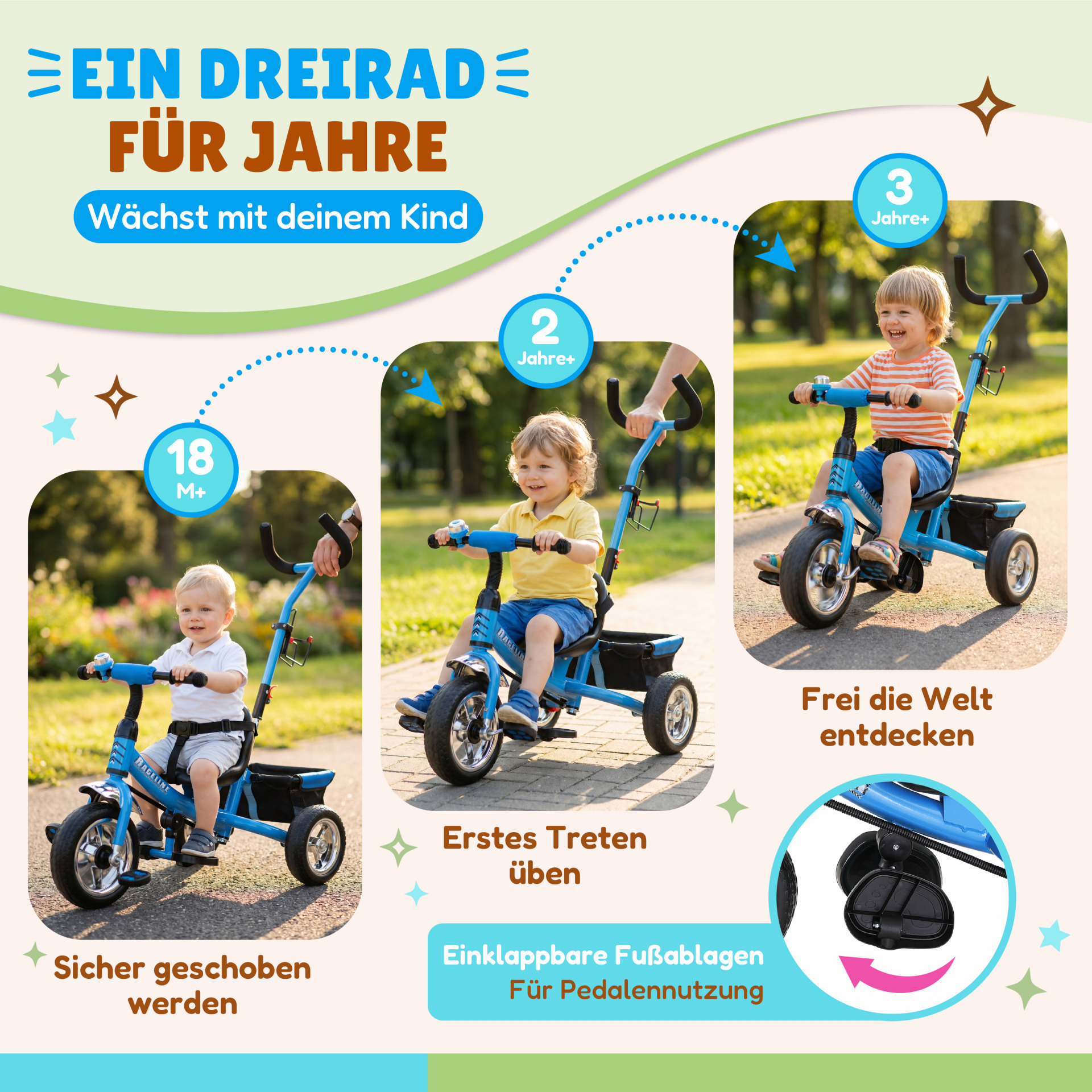 Kinderdreirad Raceline Blau Metall Schiebestange