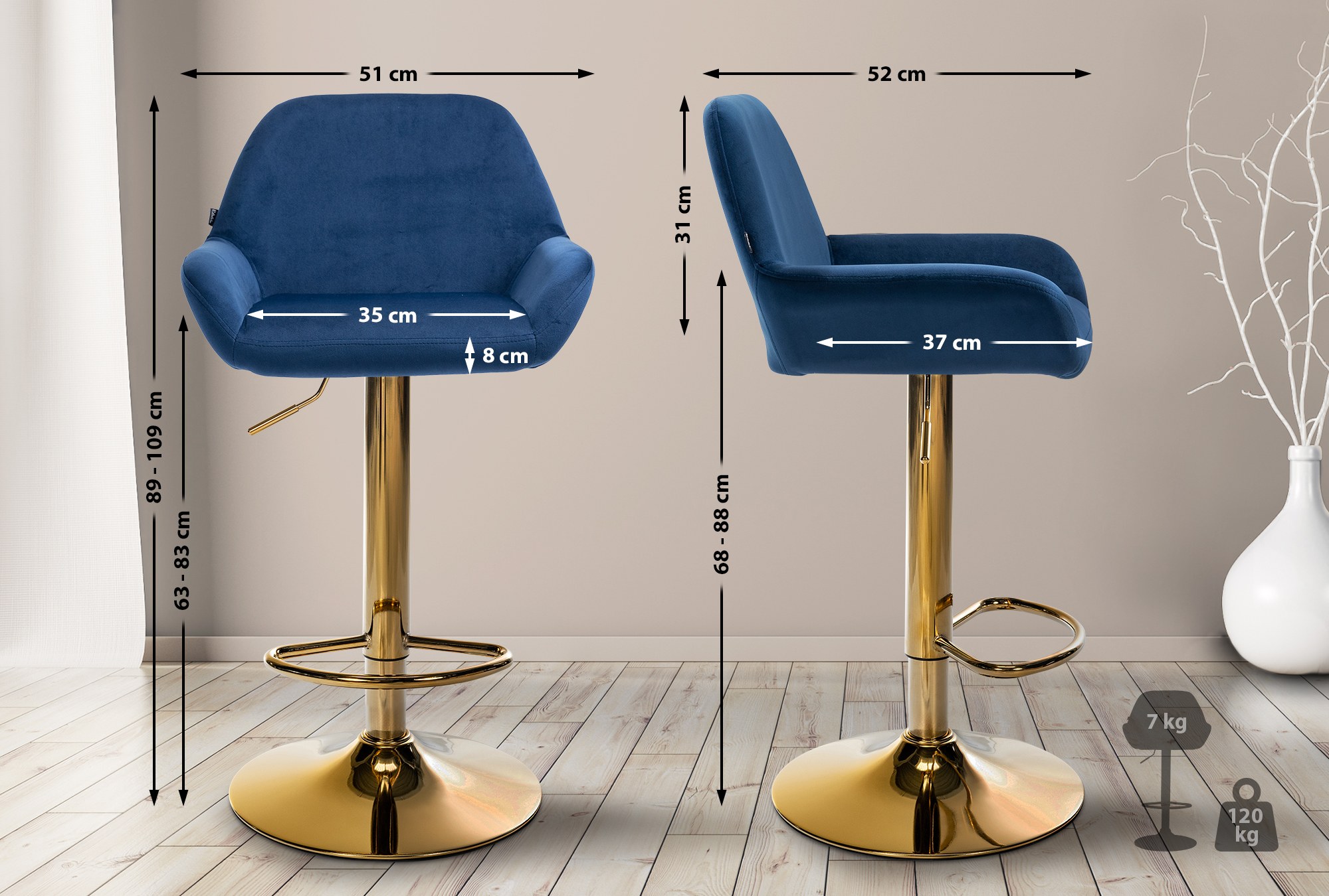 2er Set Barhocker Braga Gold Samt, blau
