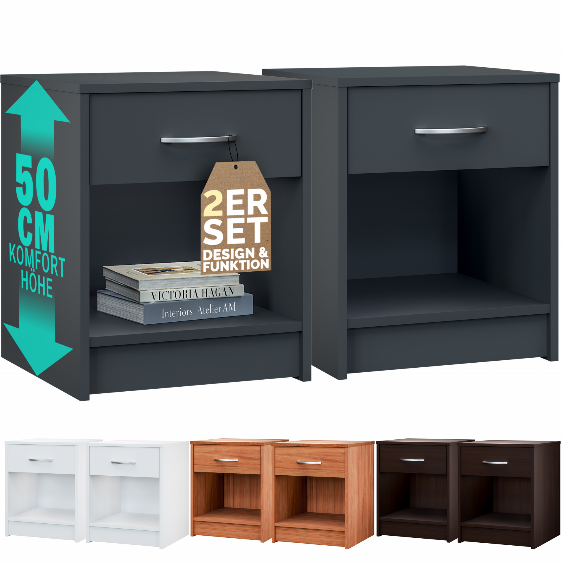 Nachttisch Hamburg 2er-Set Anthrazit 50x40x35cm