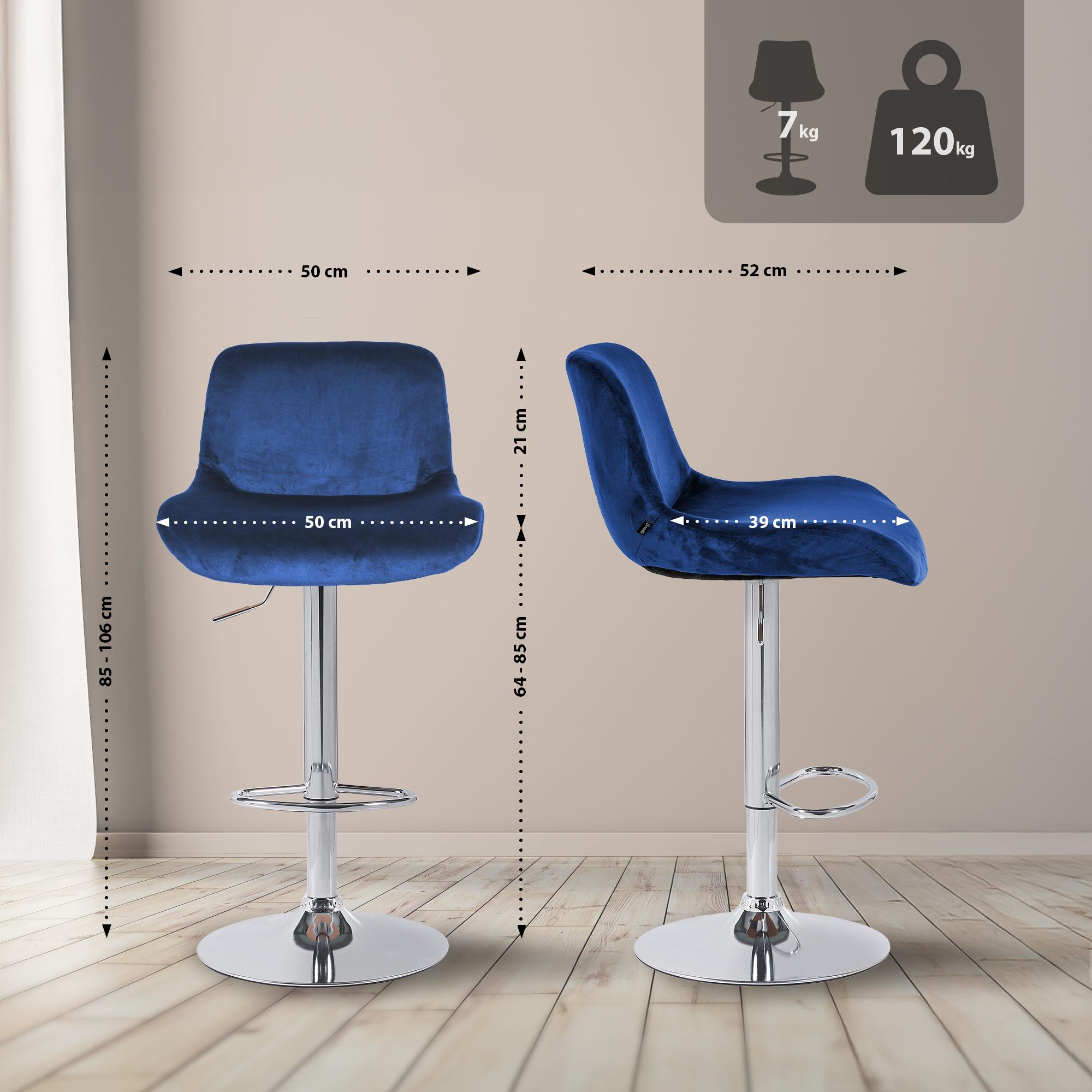 2er Set Barhocker Solon Chrom Samt, blau