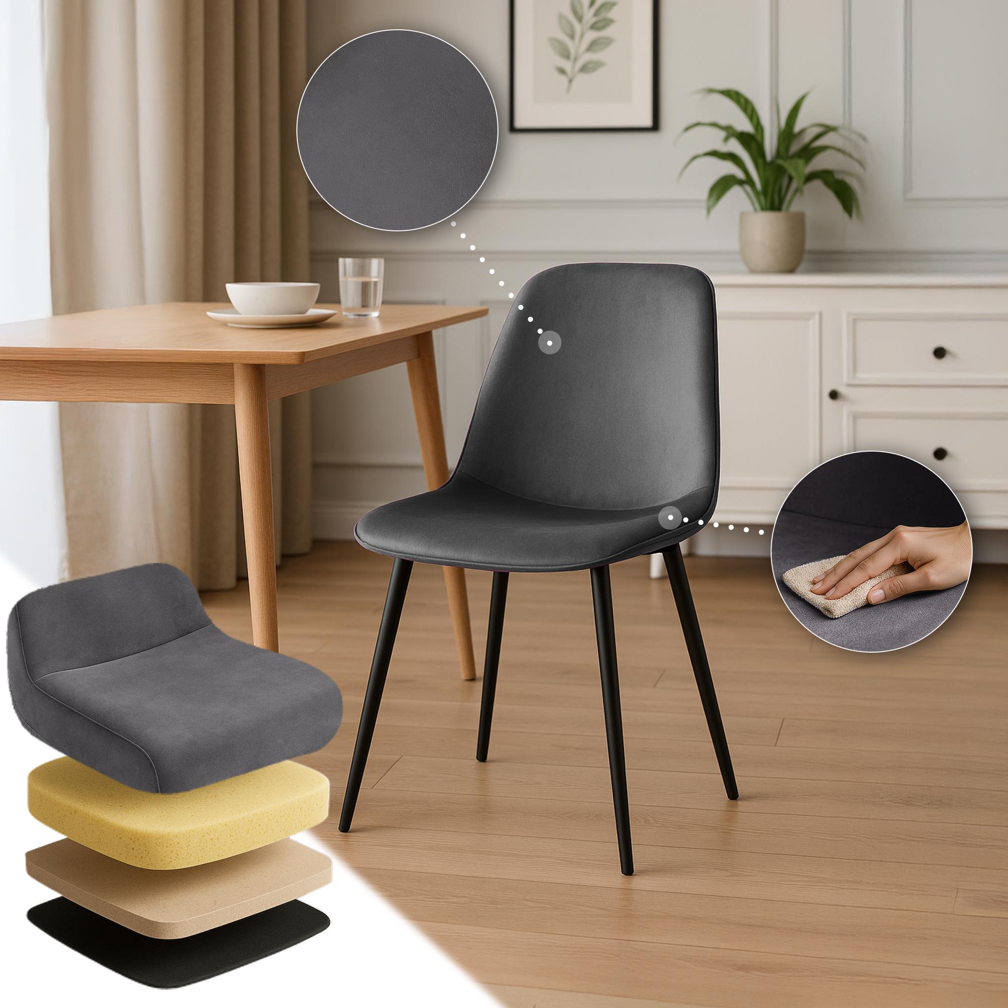 4er Set Esszimmerstuhl Maryam Samt, dunkelgrau
