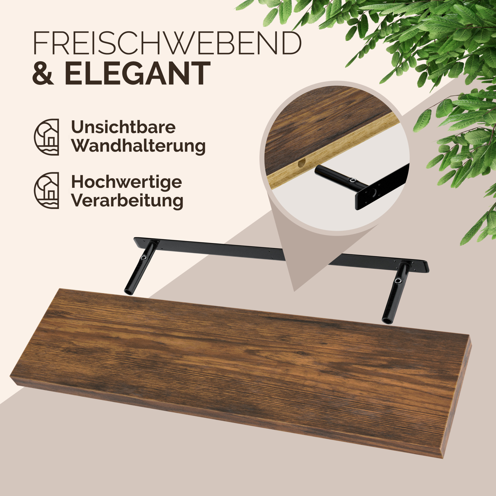 Wandregal Schweberegal 90cm Eiche dunkel + Halterung