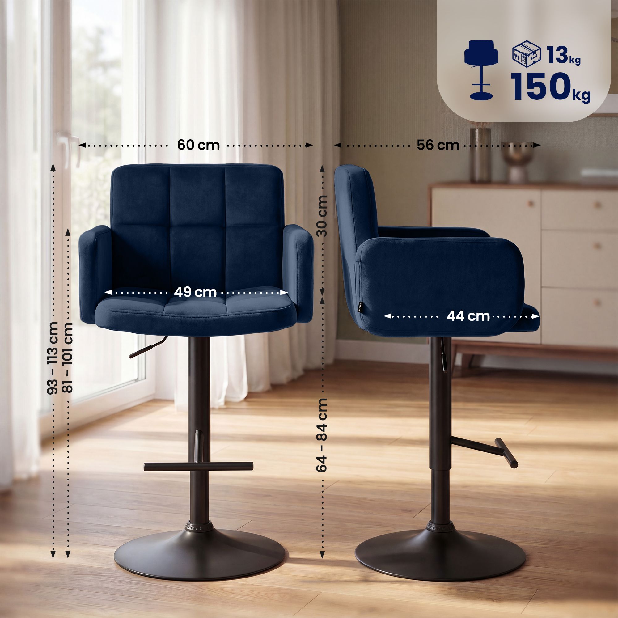 2er Set Barhocker Los Angeles Samt schwarz, blau