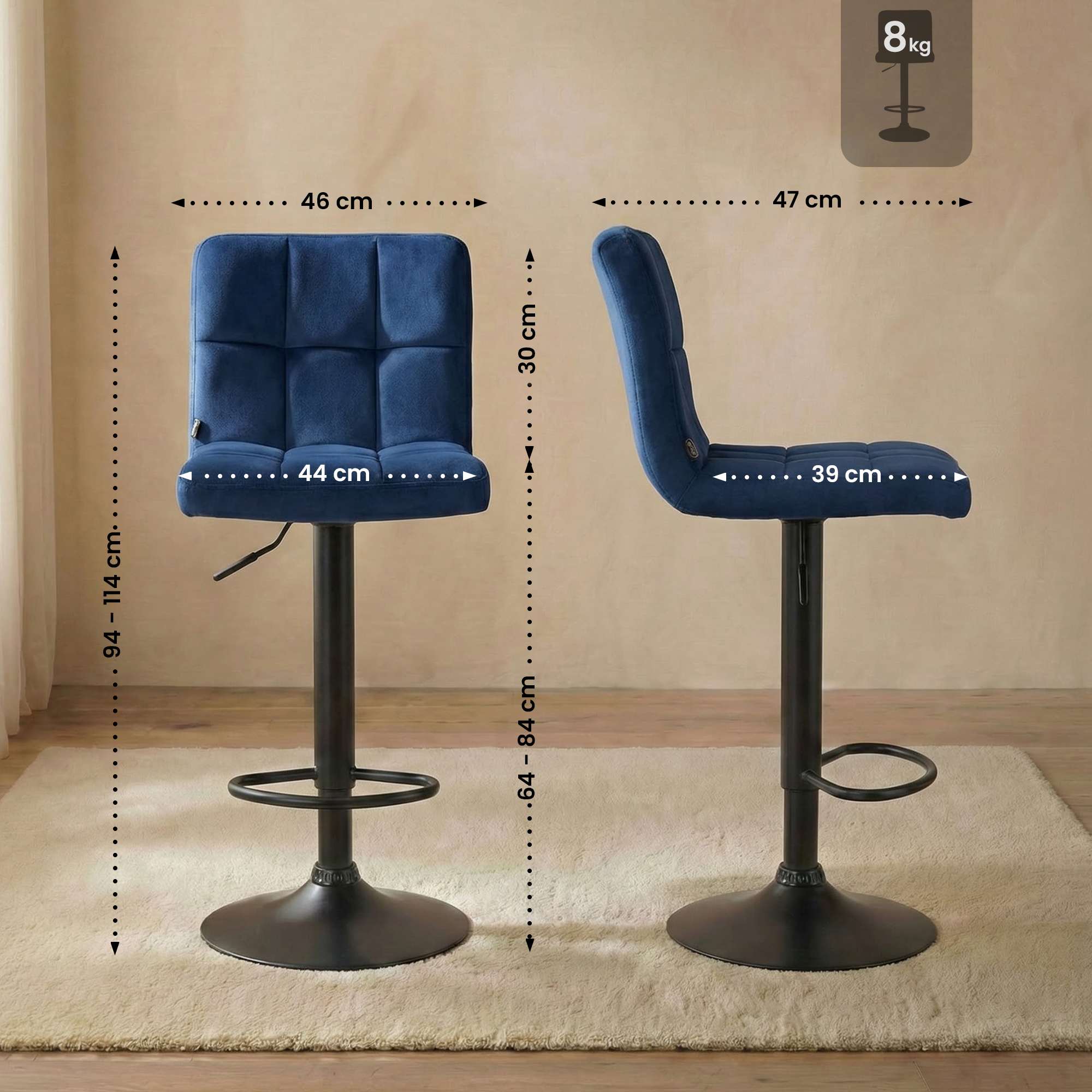 2er Set Barhocker Peru Samt schwarz, blau