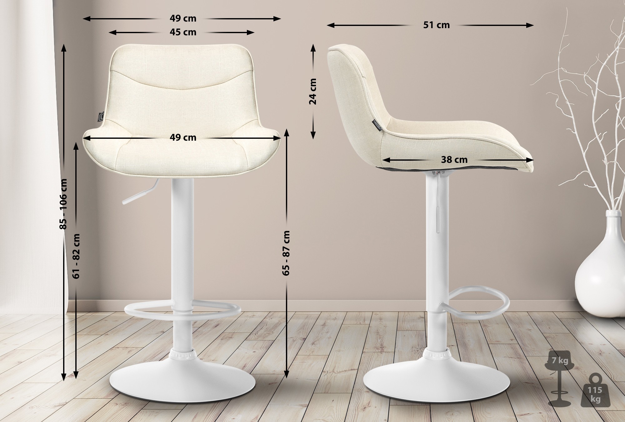 Barhocker Vonore Stoff weiß, creme