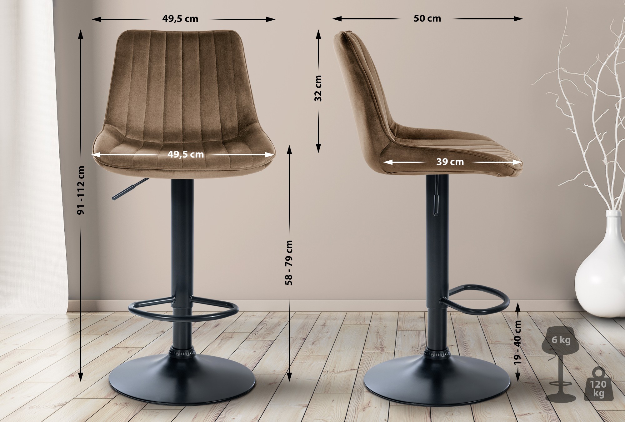 Barhocker Toni Samt schwarz, braun