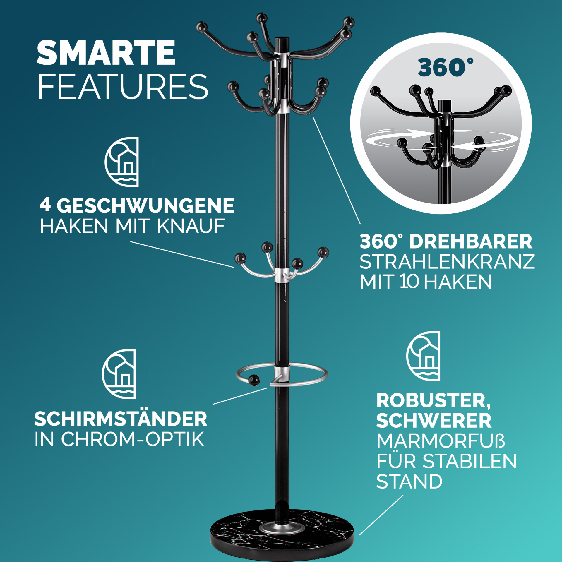 Kleiderständer Schwarz mit Marmorfuß 173cm