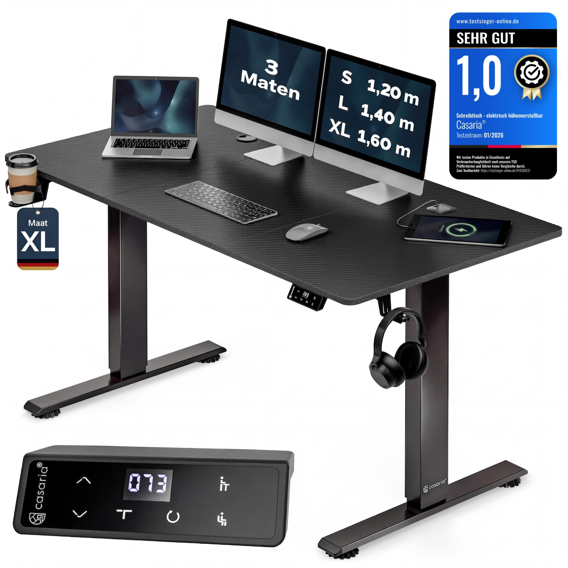Höhenverstellbarer Schreibtisch Schwarz (Carbon-Optik) 160x70x72-117cm
