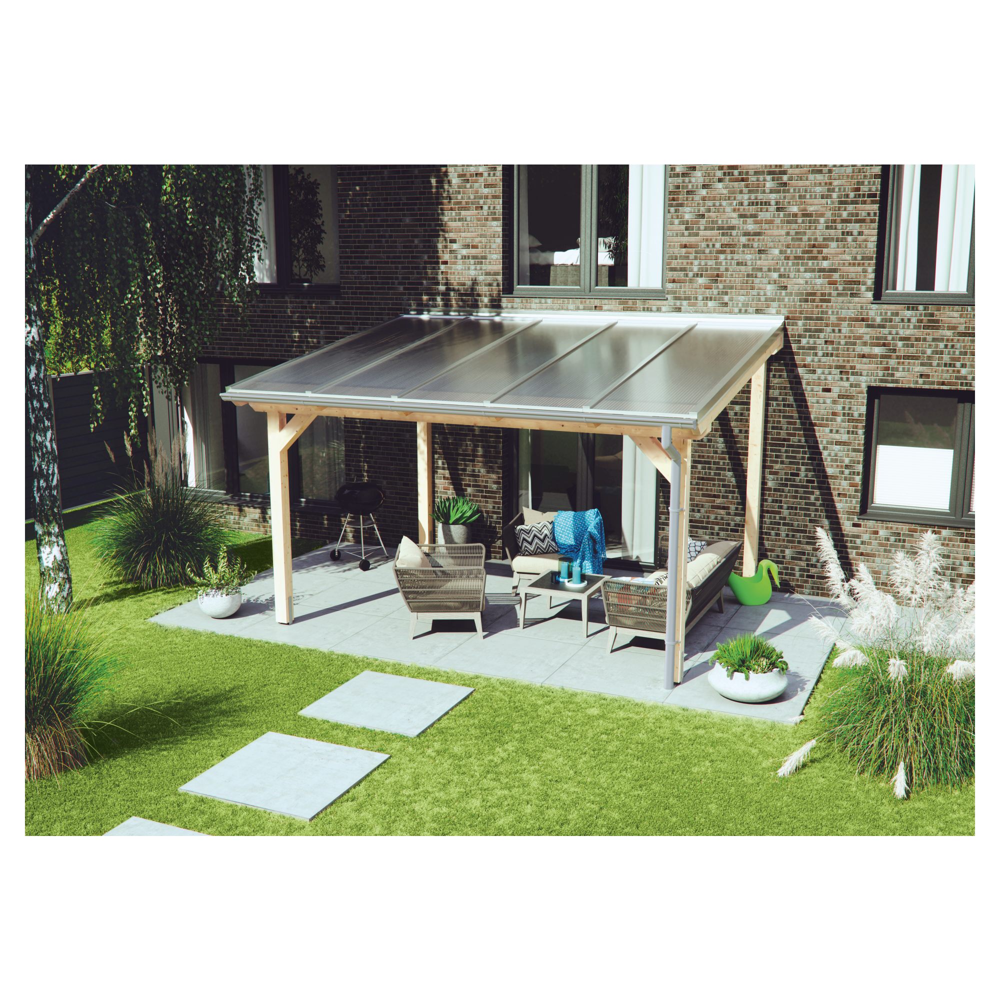 KATTO-Terrassenüberdachung, 5085 x 5000 mm, Leimholzbausatz mit, Polyclear bronze, Zub. pressbl., Rinne PVC-grau