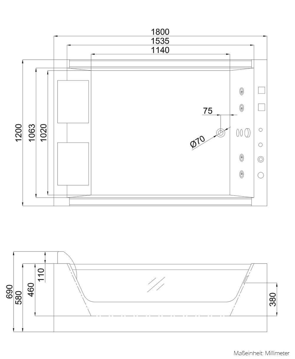 Whirlpool Badewanne mit Lichttherapie ATLANTIC XL 180 x 120