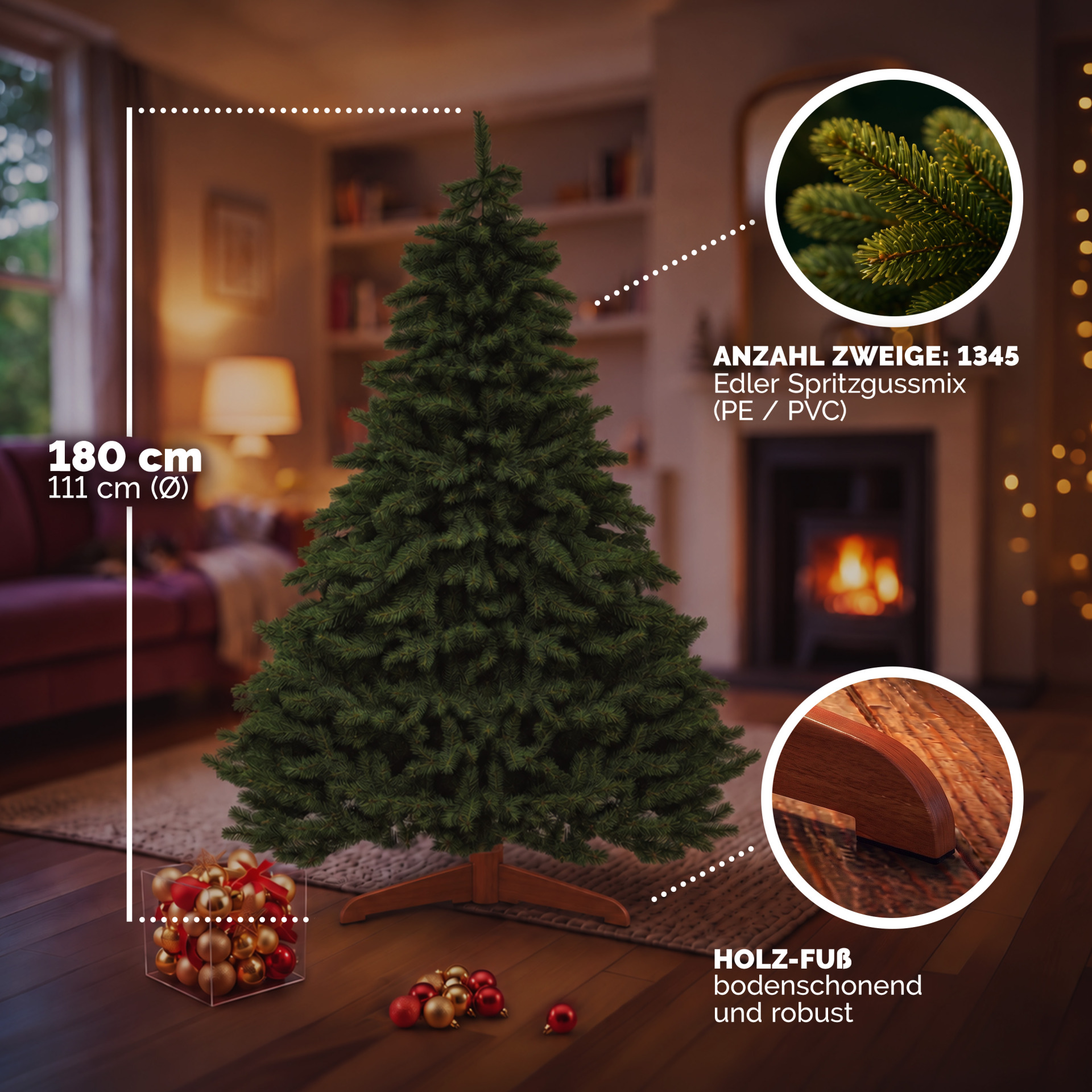 Künstlicher Weihnachtsbaum Premium 180cm PE / PVC mit Holzständer FSC®