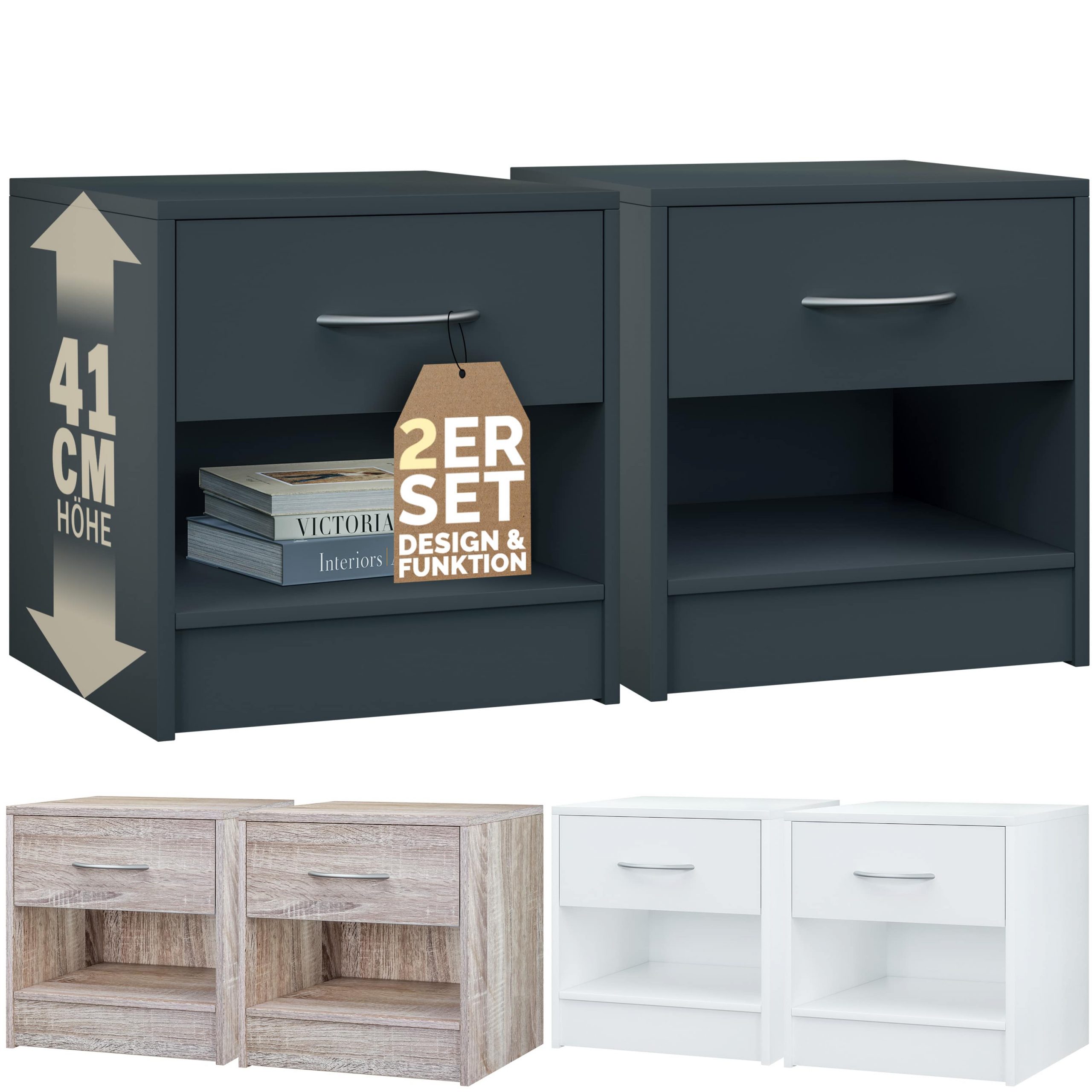 Nachttisch Kiel 2er-Set Anthrazit 41x39x28cm