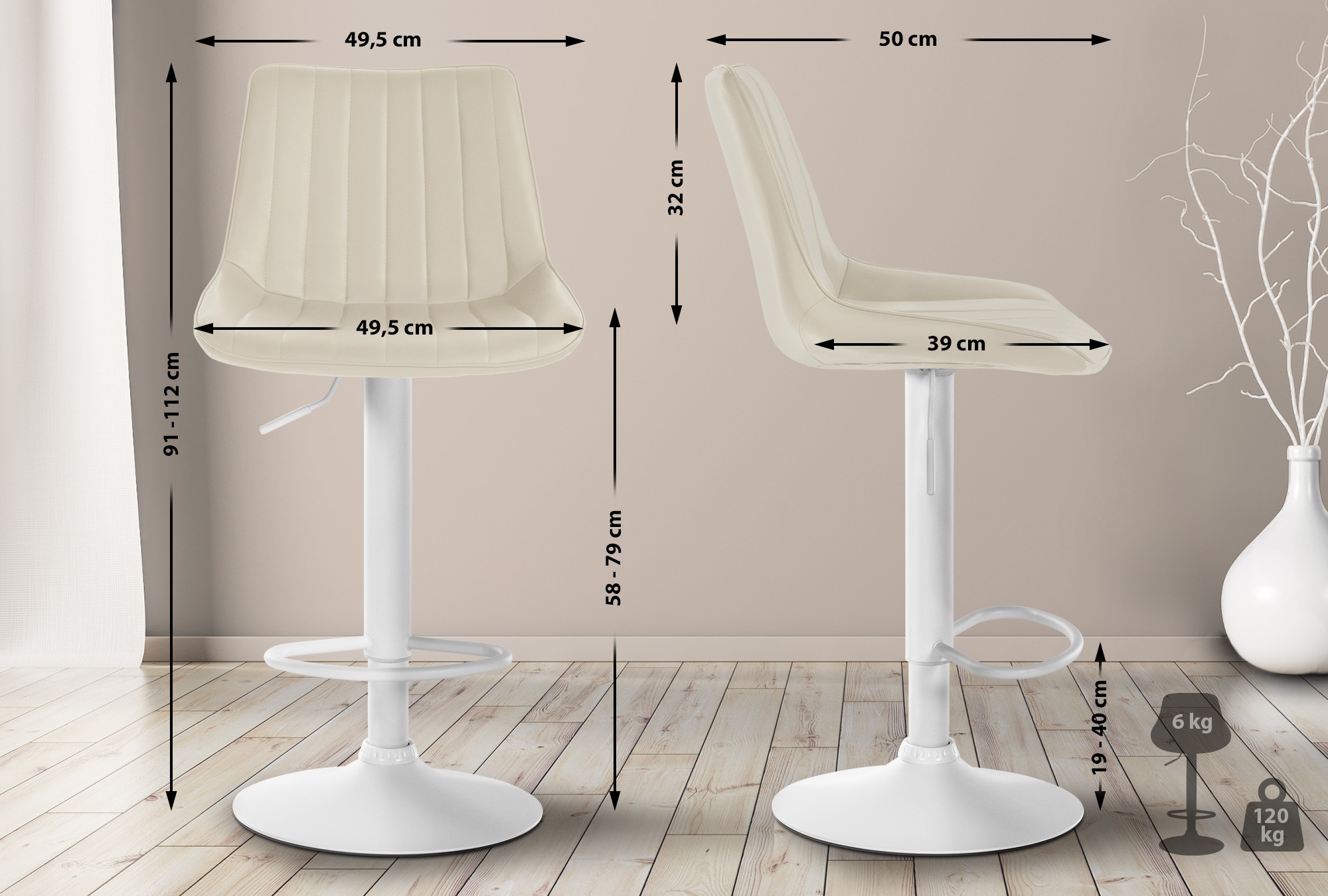 2er Set Barhocker Toni Kunstleder weiß, creme