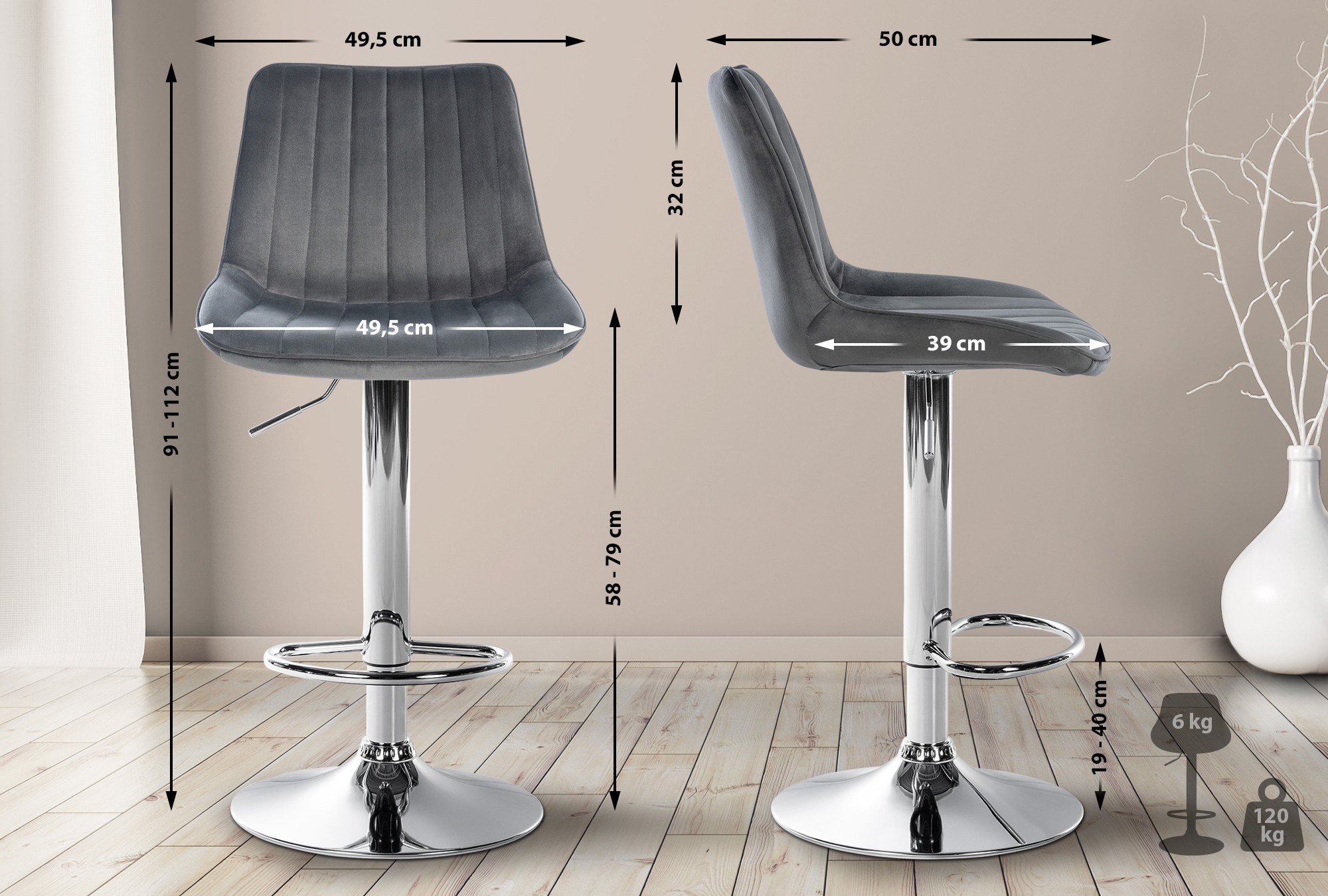 2er Set Barhocker Toni Samt chrom, dunkelgrau