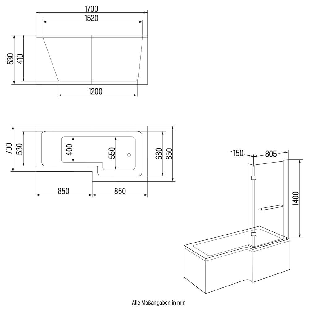 Duschbadewanne ELARA - 170 x 85 cm Links