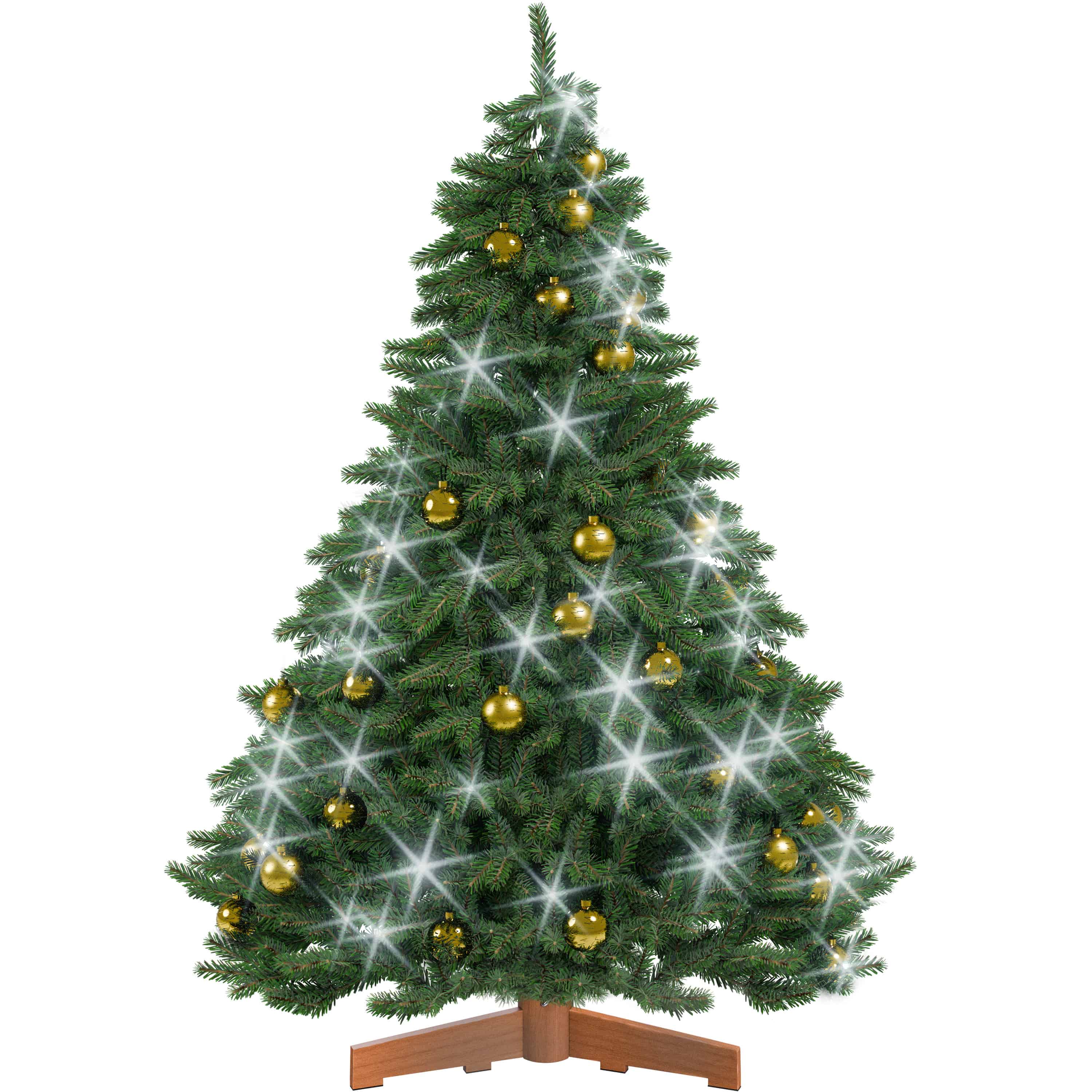 Künstlicher Weihnachtsbaum Premium 150cm + Kugeln Gold + Lichterkette kaltweiß