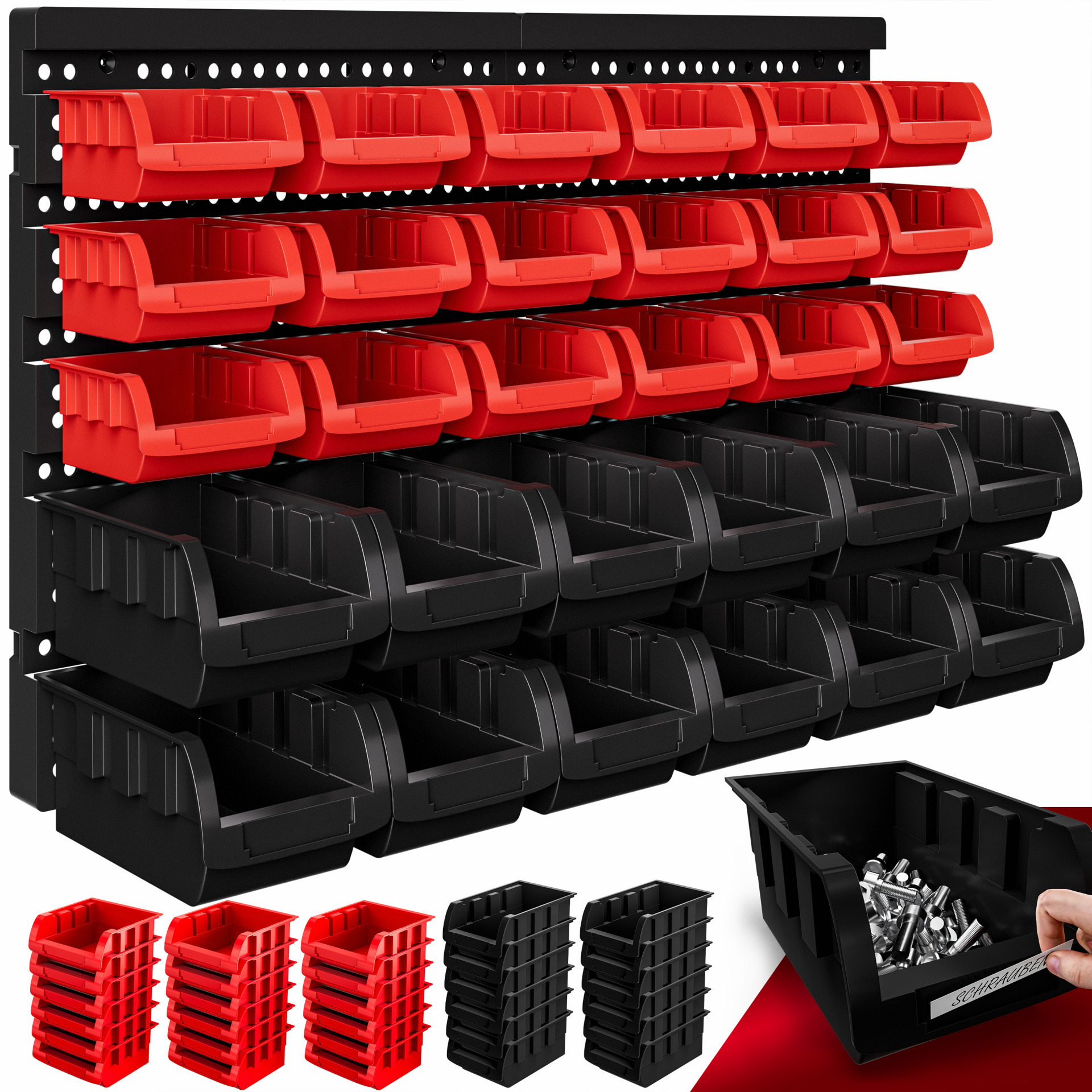 Werkzeugwand Schwarz/Rot 32-tlg mit Stapelboxen