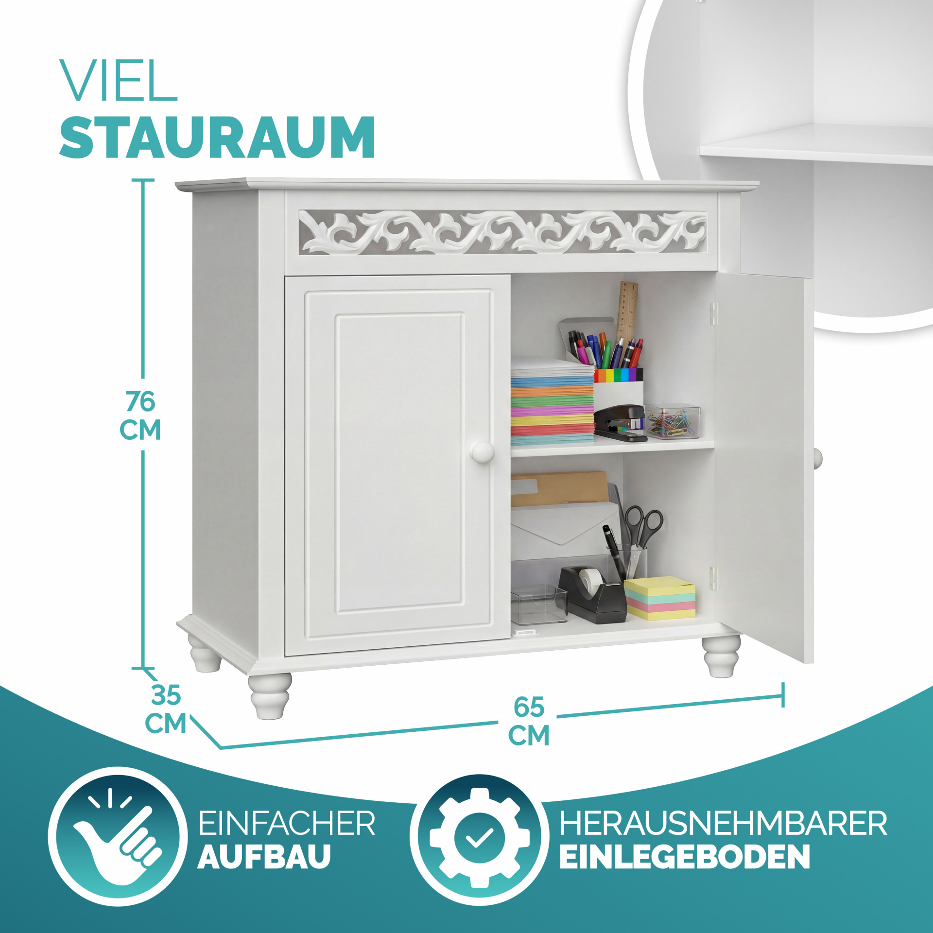 Kommode Schlafzimmer Landhaus Weiß mit Einlegeboden 2 Türen 76x65x35cm