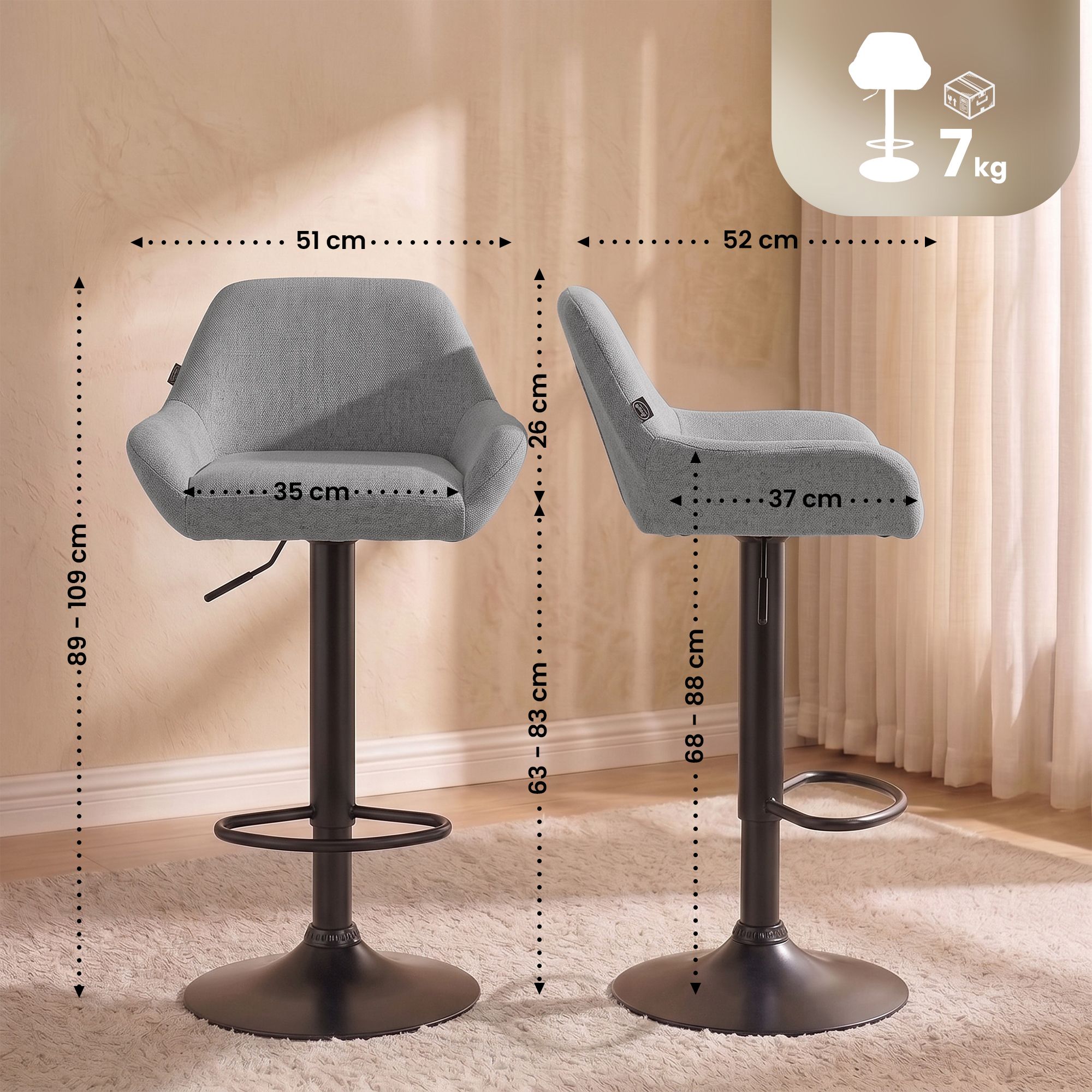 2er Set Barhocker Braga Stoff schwarz, grau