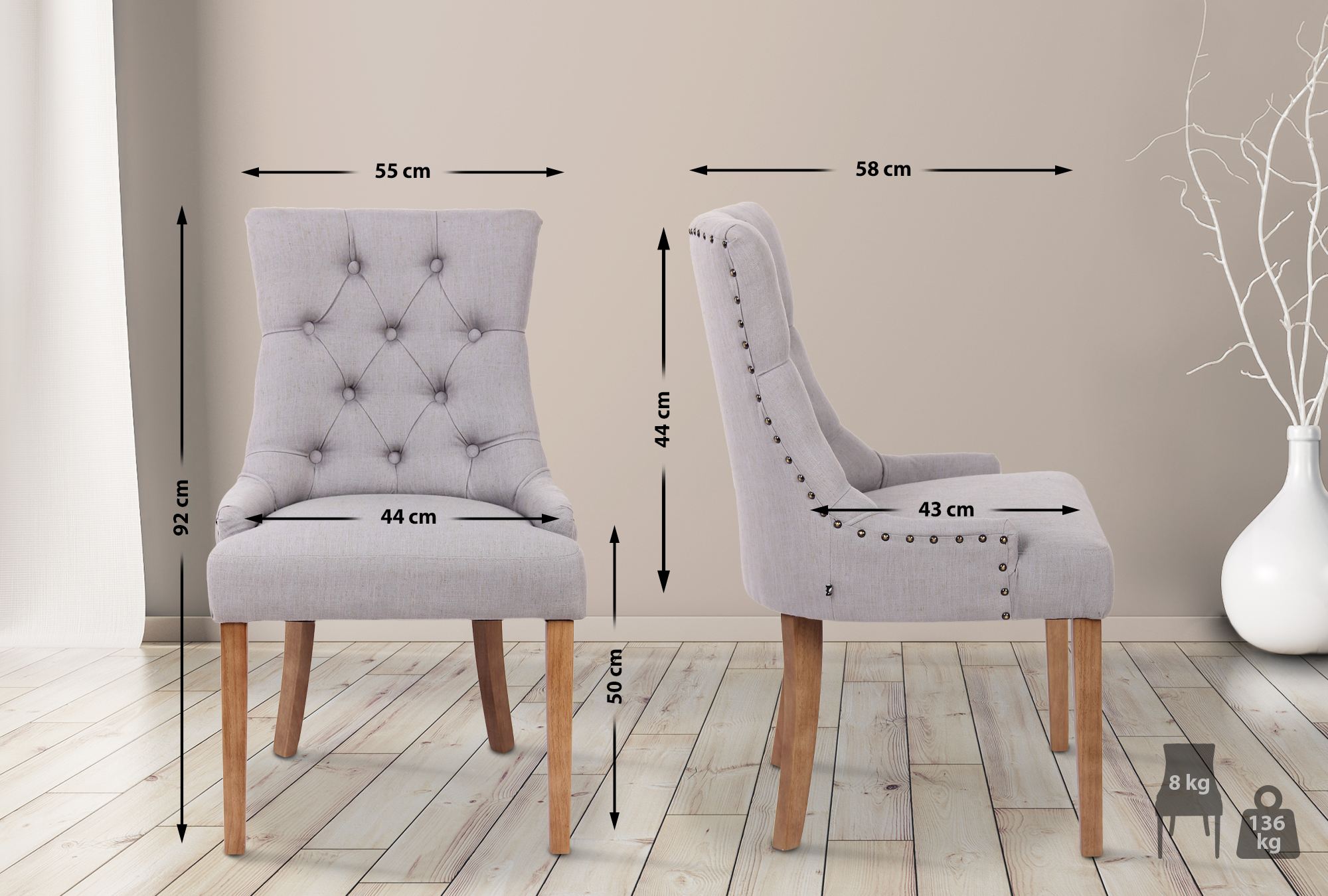 2er Set Esszimmerstuhl Aberdeen Stoff antik-hell, grau