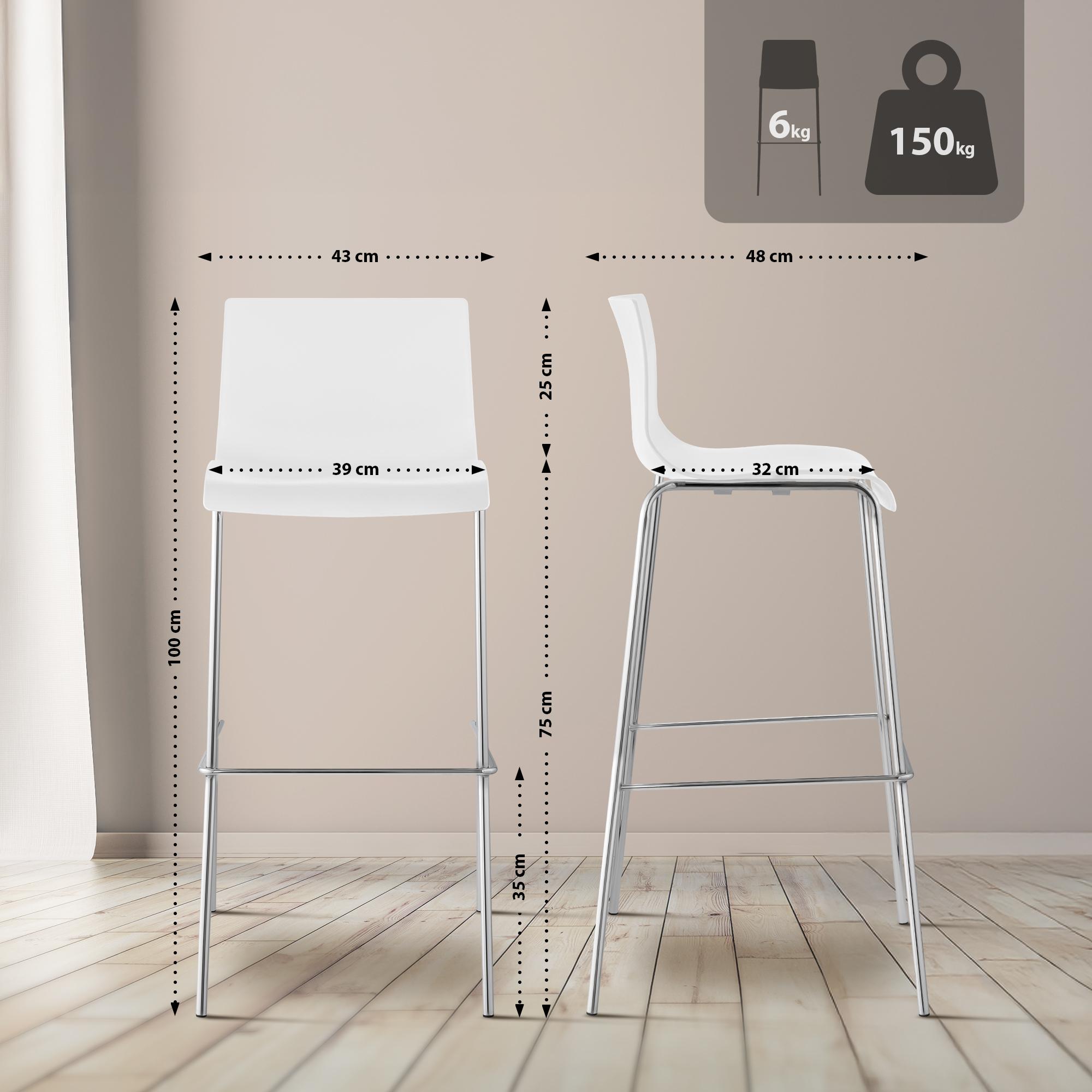 2er Set Barhocker Hoover Kunststoff 4-Fuß Gestell chrom, weiß