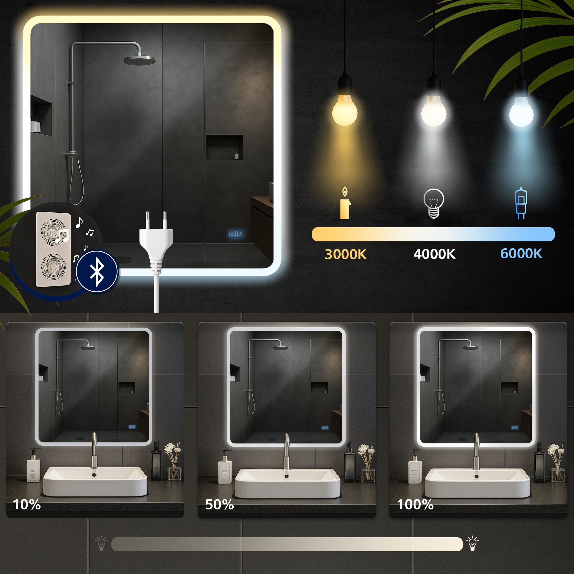 Badspiegel Jericho 80x80 mit Bluetooth, klarglas