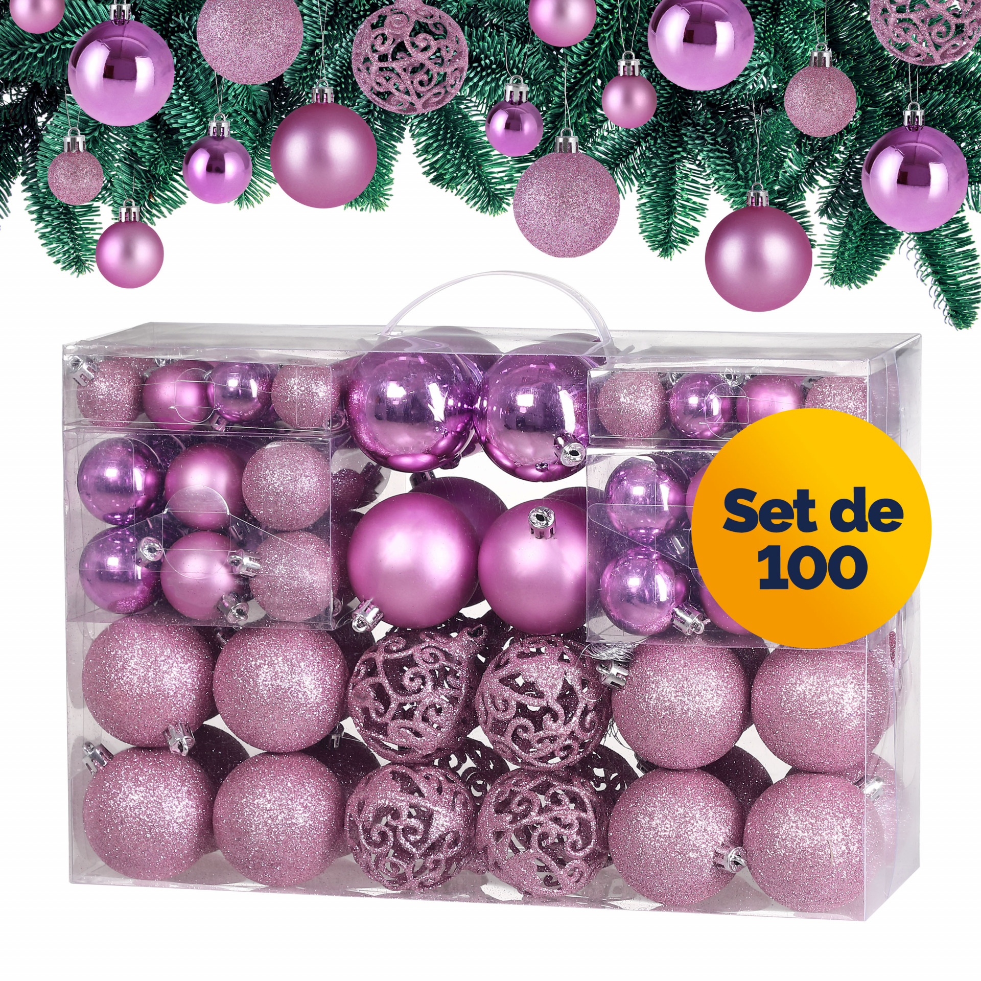 Weihnachtskugeln Rosa 100-tlg in matt, glänzend + glitzernd