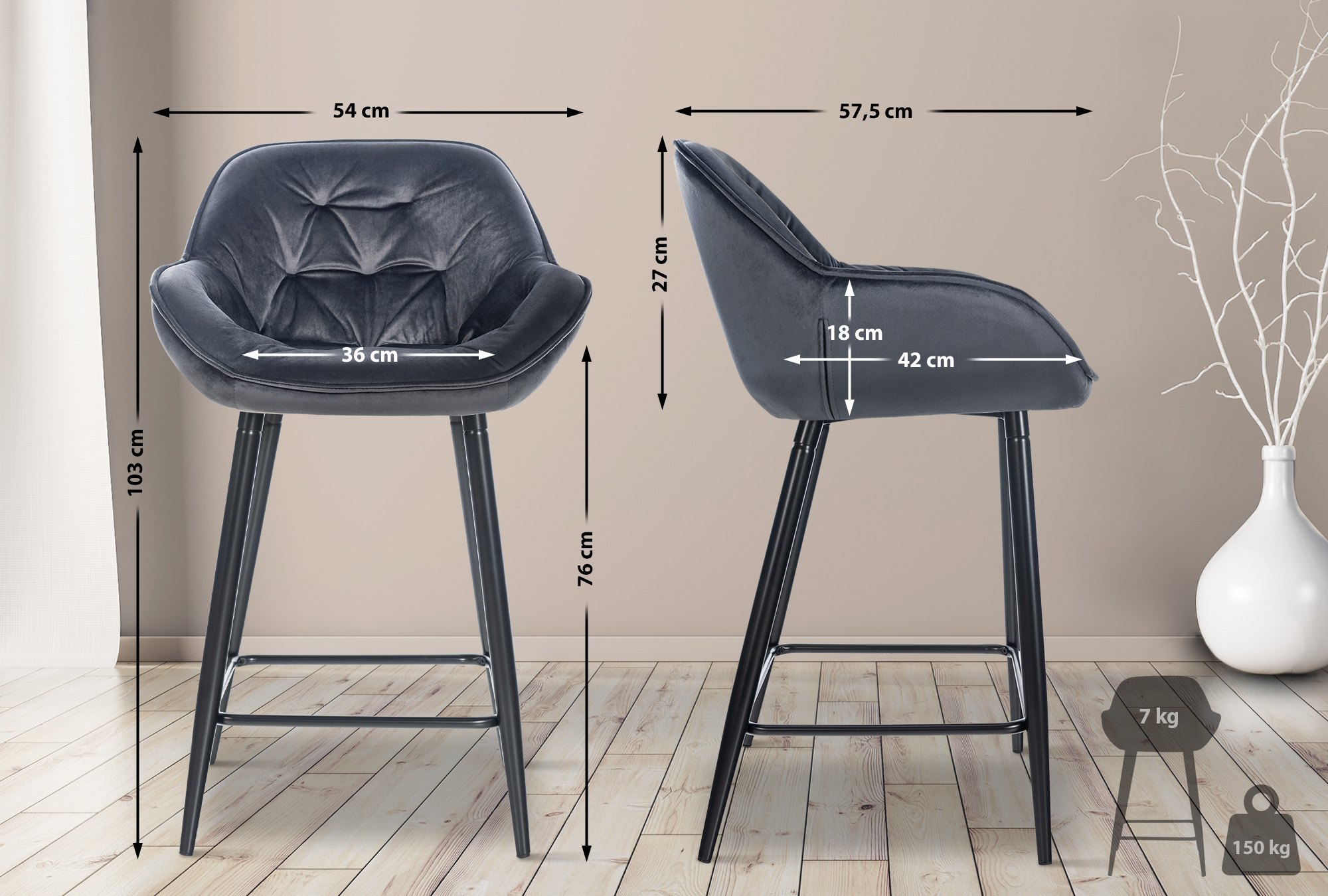 2er Set Barhocker Gibson 76 Samt, dunkelgrau
