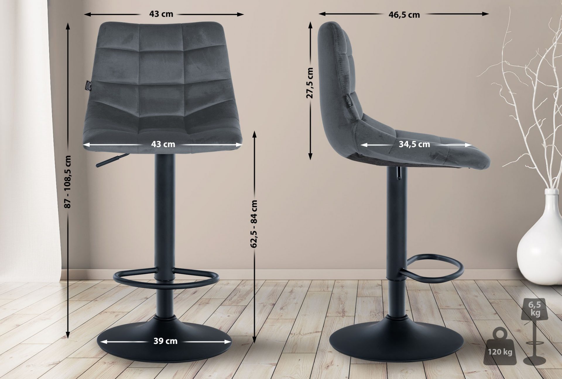 2er Set Barhocker Jerry Samt schwarz, dunkelgrau