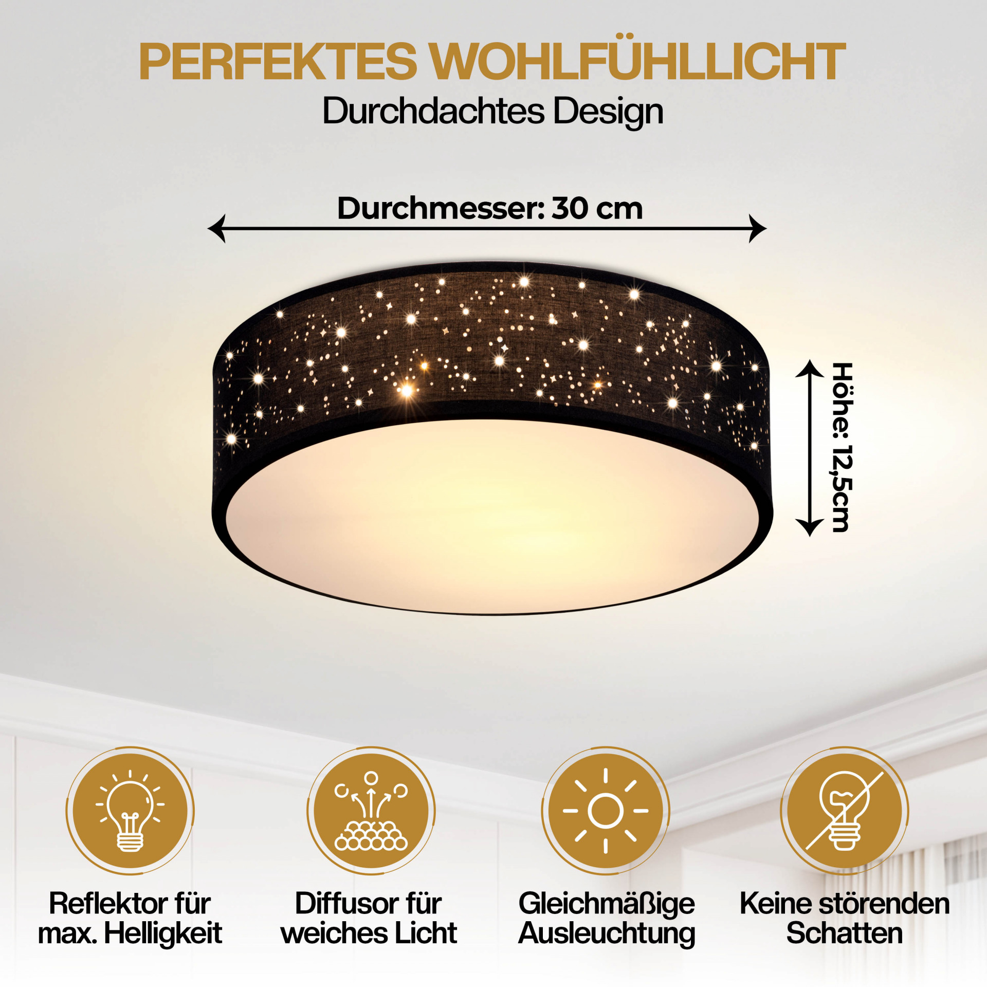 Deckenlampe Schwarz Stoff Ø30cm Sternenhimmel