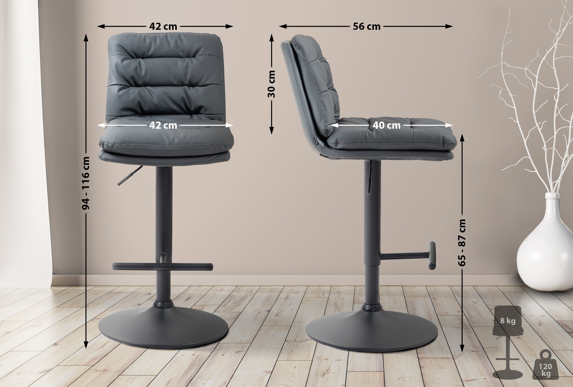 2er Set Barhocker Damar Kunstleder schwarz, grau