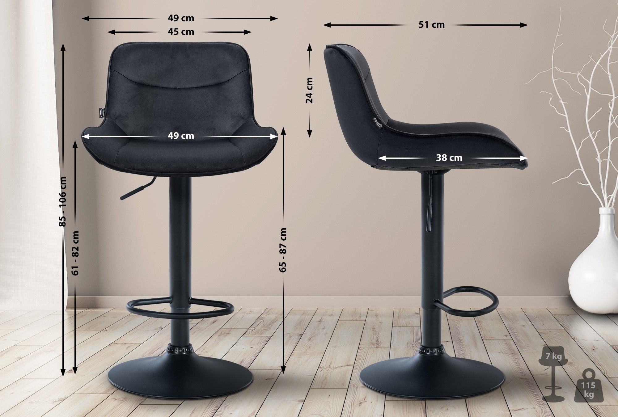 2er Set Barhocker Vonore Samt schwarz, schwarz