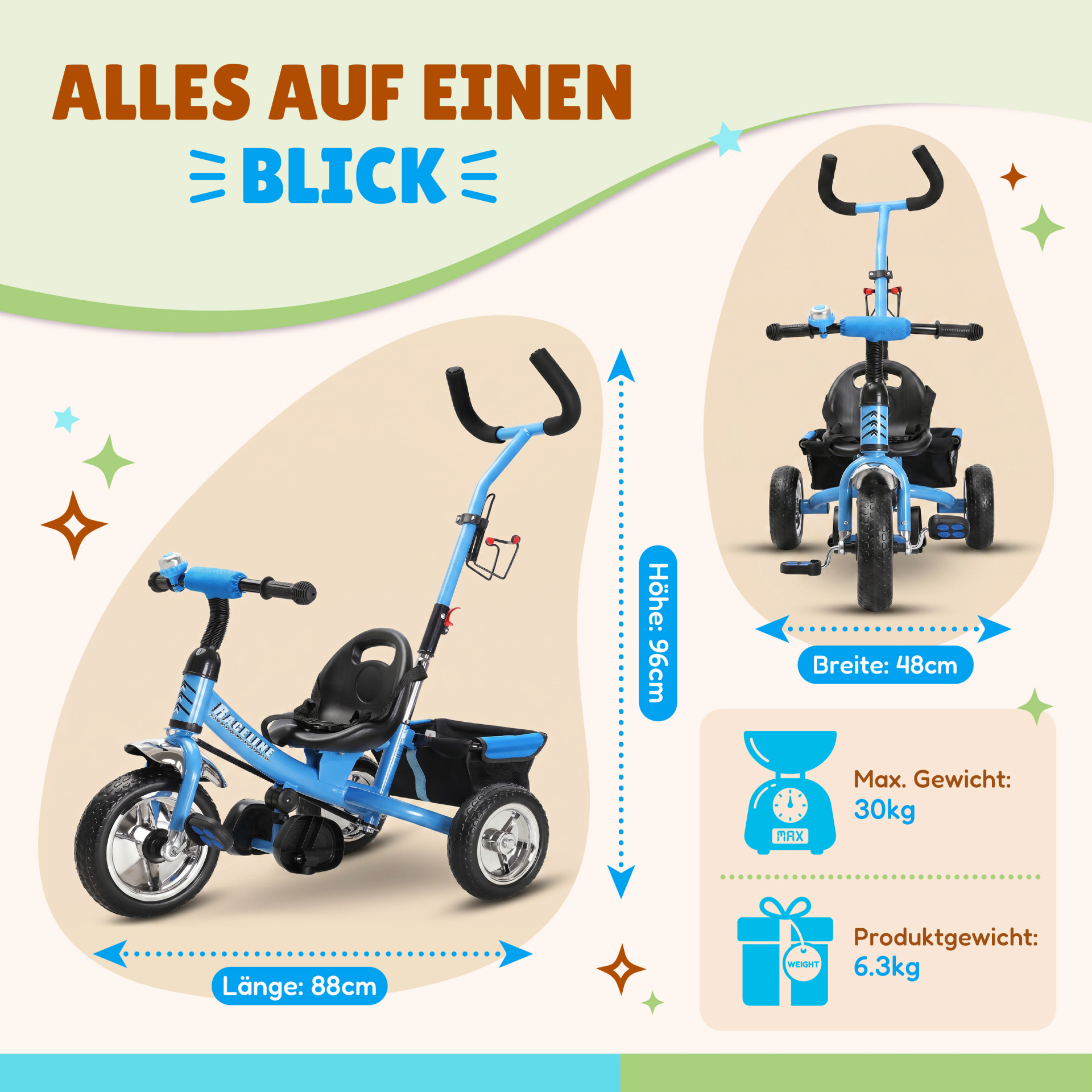 Kinderdreirad Raceline Blau Metall Schiebestange