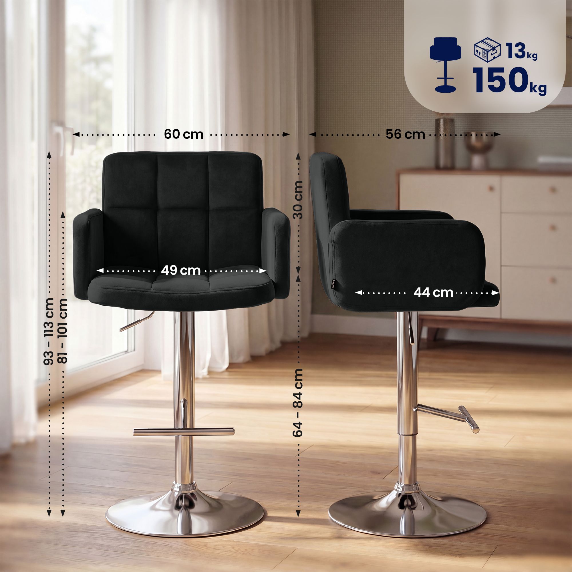 2er Set Barhocker Los Angeles Samt chrom, schwarz