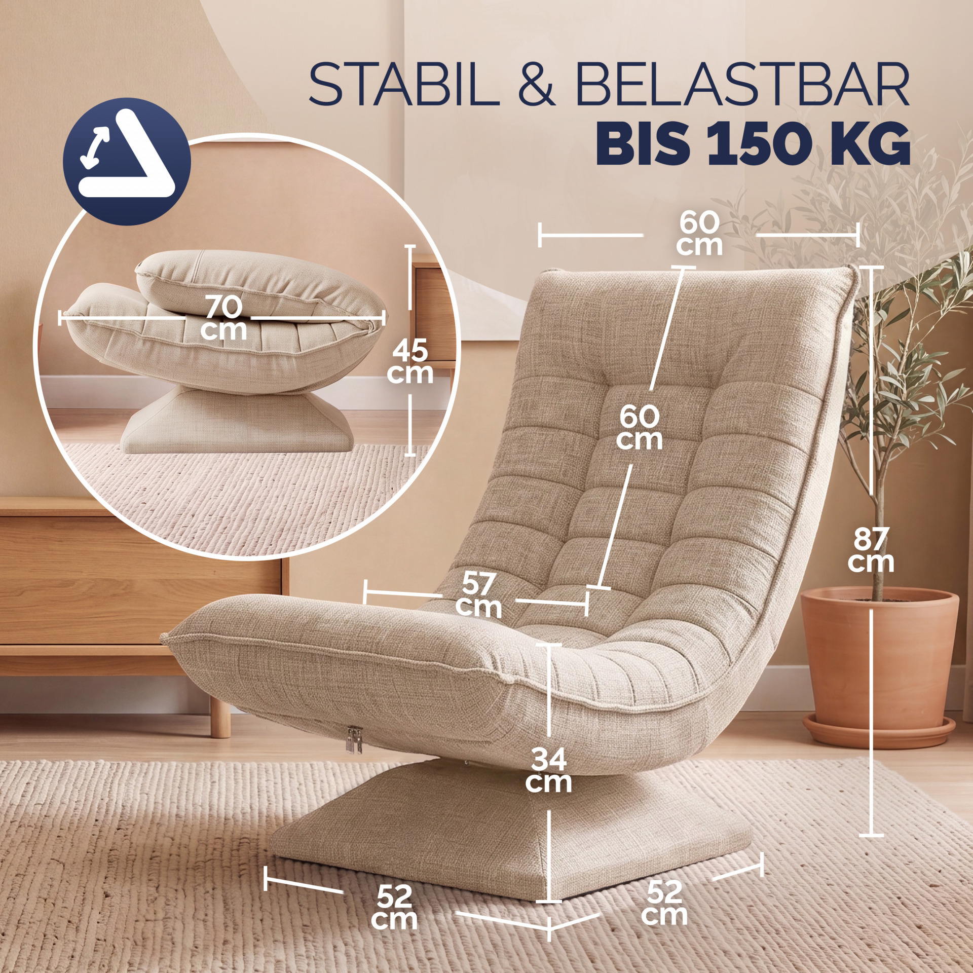 Sessel Aberdeen Creme Stoff 5fach verstellbar 360 Grad drehbar klappbar
