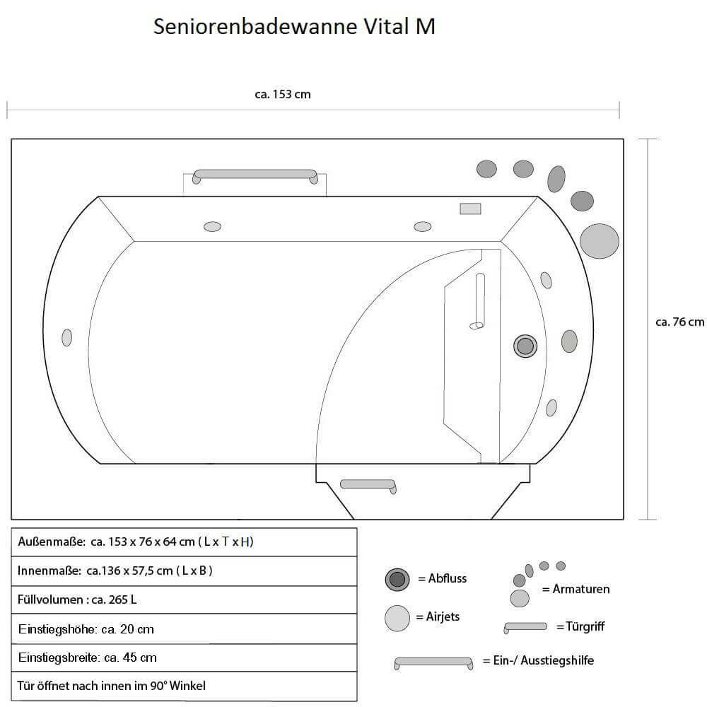 Seniorenbadewanne liegend mit Whirlpoolfunktion VITAL M - 153 x 76 cm Rechts