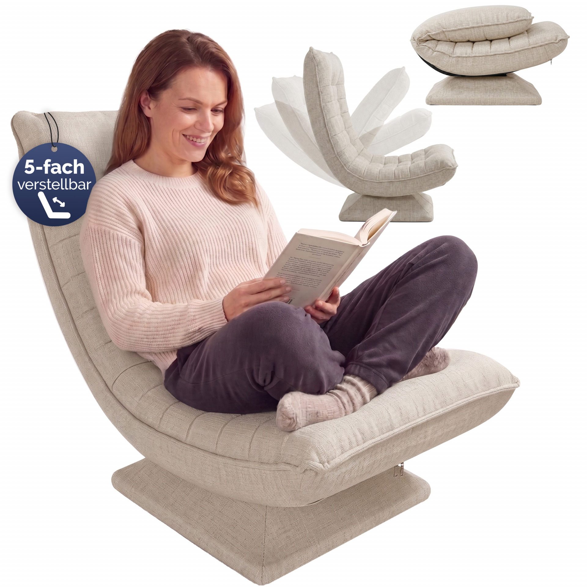 Sessel Aberdeen Creme Stoff 5fach verstellbar 360 Grad drehbar klappbar