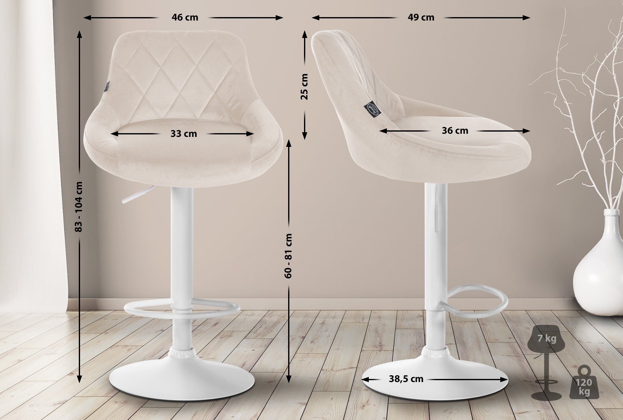 2er Set Barhocker Lazio Samt weiß, creme